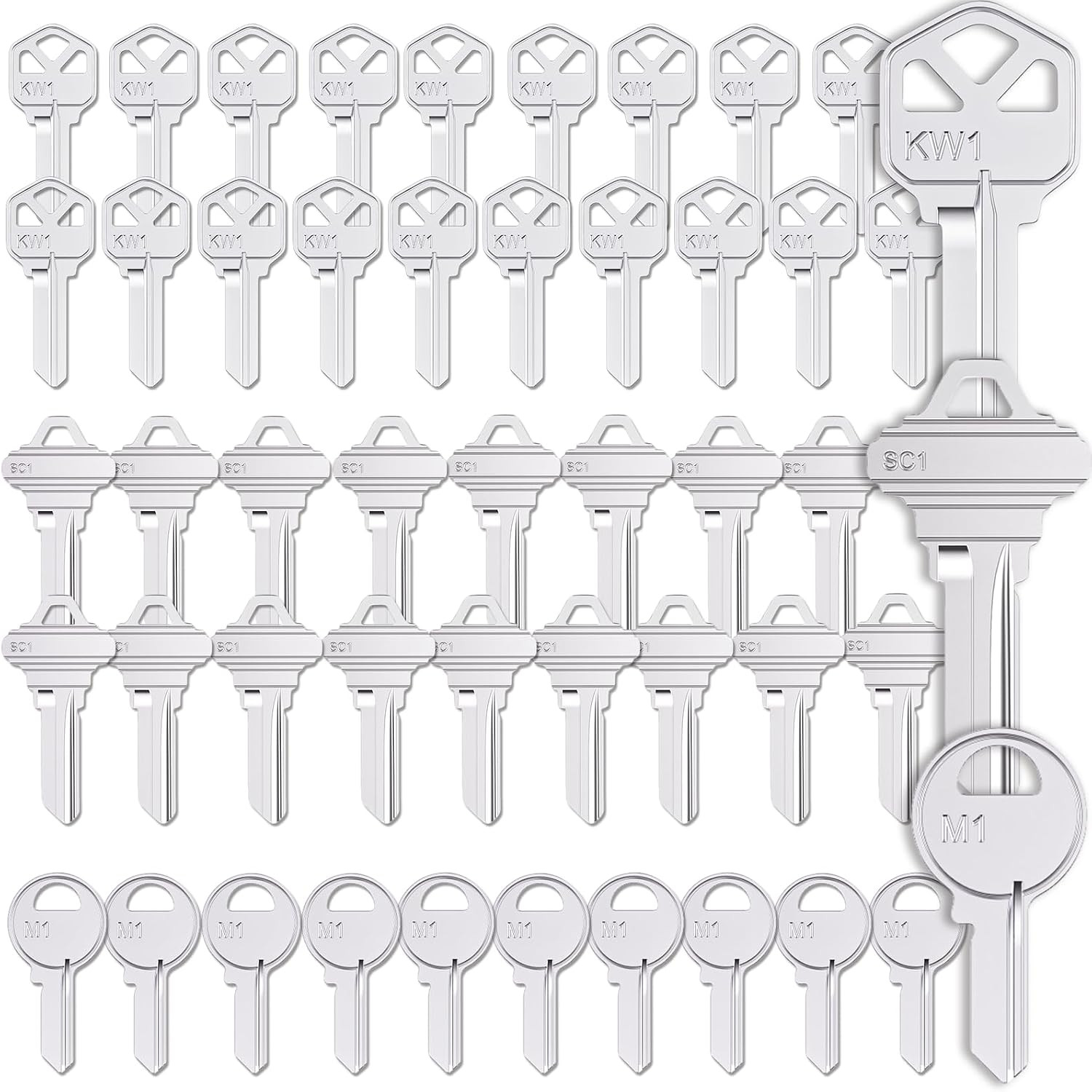 50Pcs Key Blanks Assortment, Uncut Key Blanks KW1 SC1 M1 Blank Keys for Home and