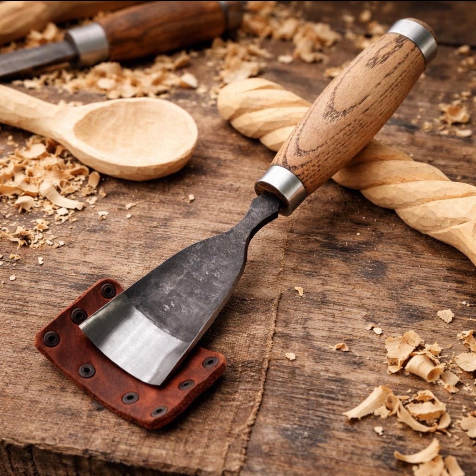 Hand Forged Bent Gouge Chisel 52100 Steel Wood Carving Tool Ash Handle
