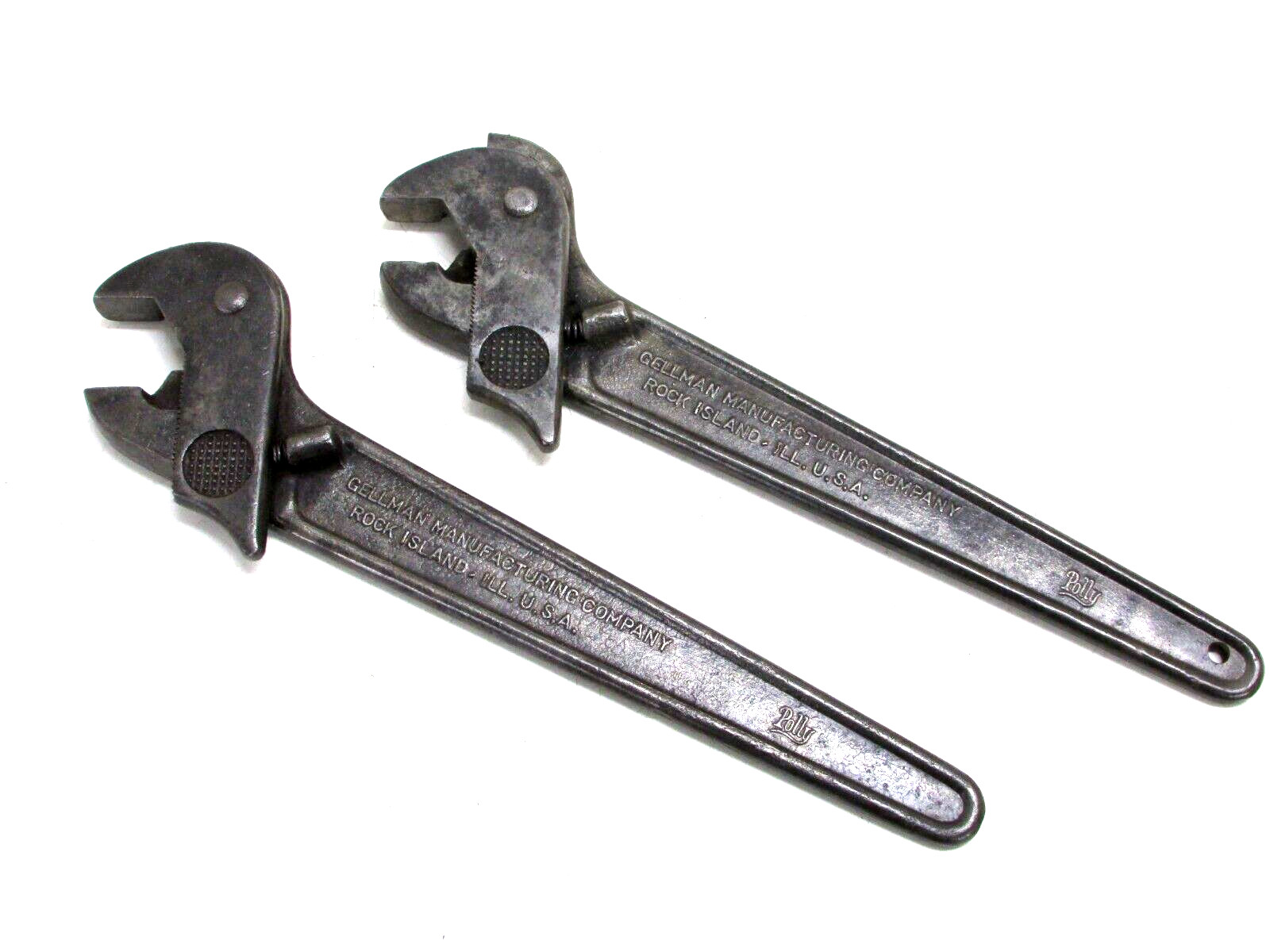 (2) VINTAGE GELLMAN MFG. 12″ ADJUSTABLE WRENCHES, POLLY, No. 121, USA