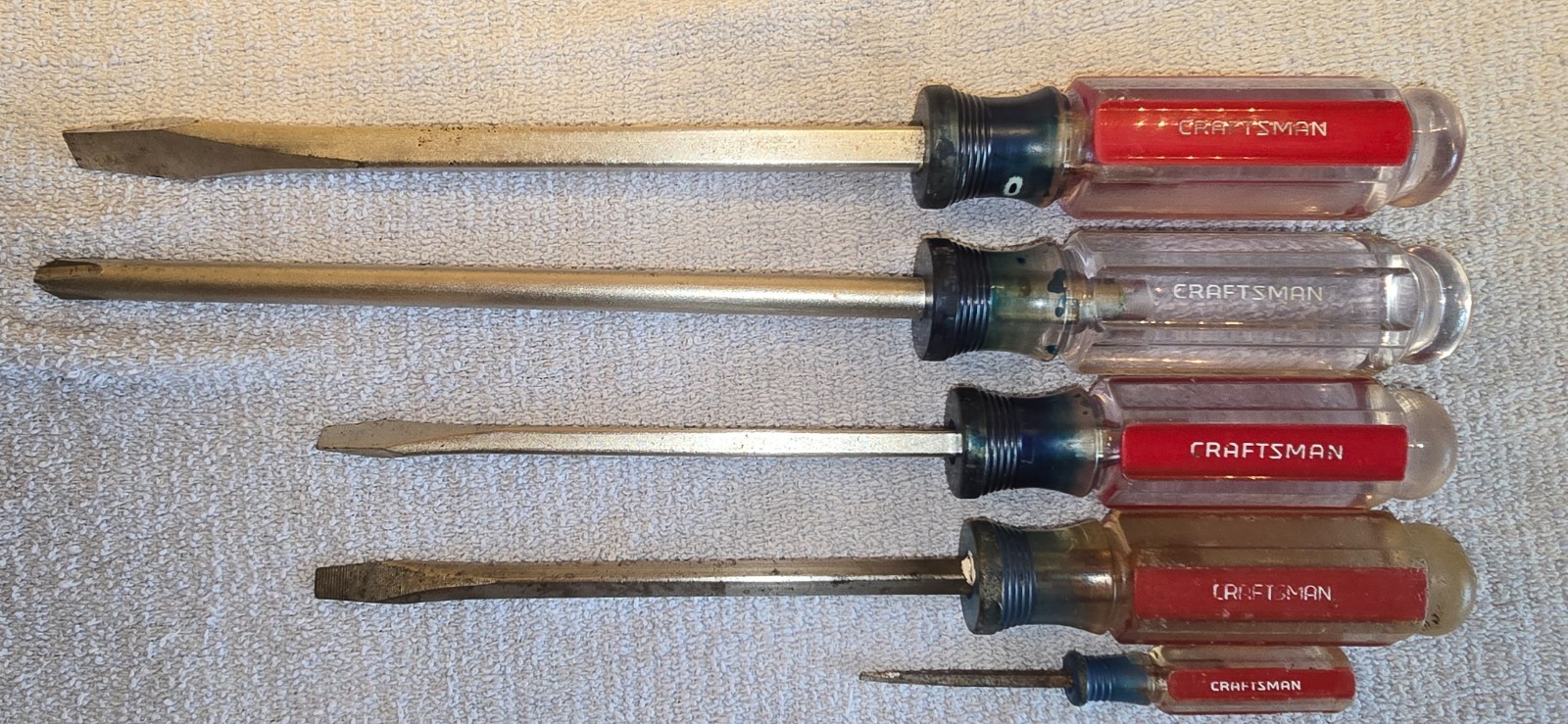 5 Vintage Craftsman Screwdrivers WF Series USA Clear Red Handle Flat Phillips
