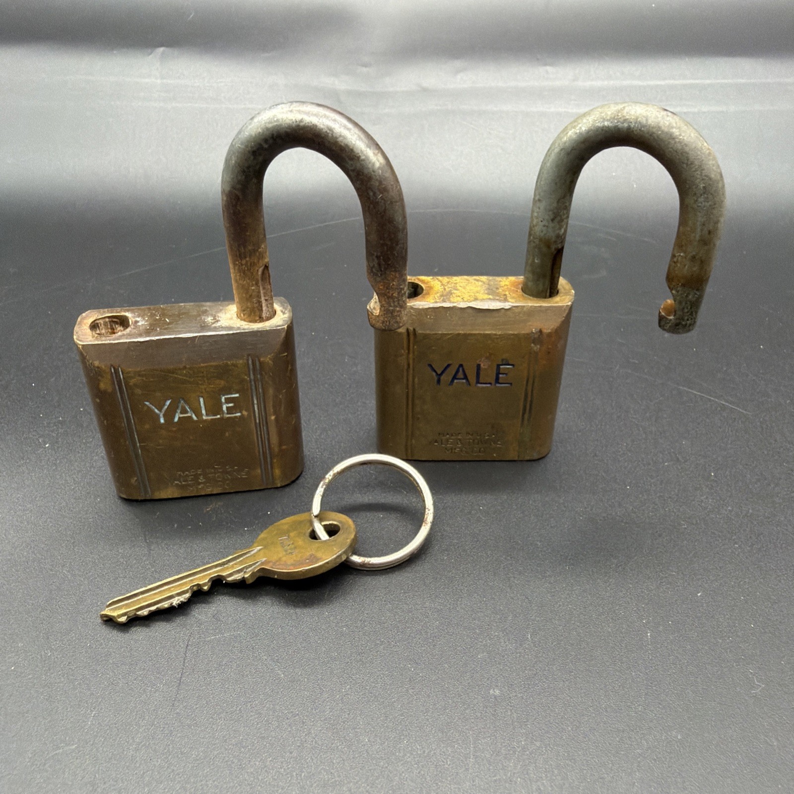 Vtg Pair Yale & Towne Brass Padlocks Keyed Alike Working Lock Key Code 7A524