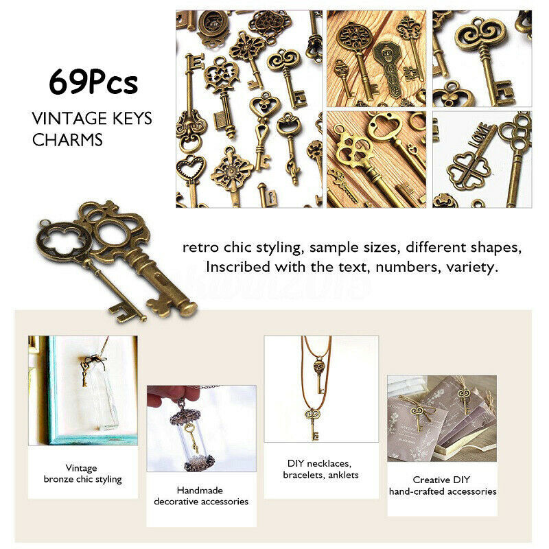 69 Pcs Set Antique Vintage Old Look Ornate Skeleton Key Fancy Heart Bow Decor US