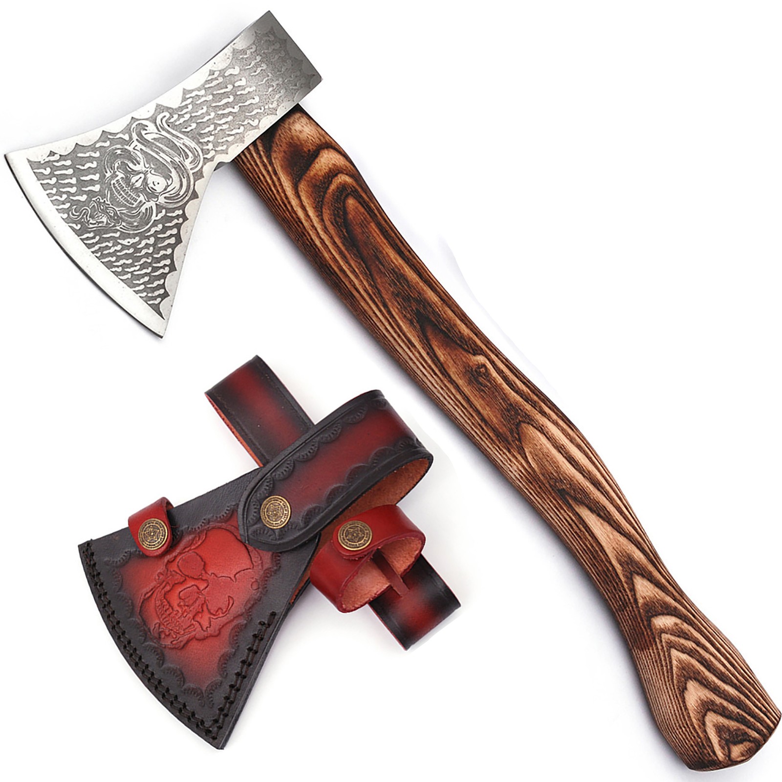 Snake Skull Warrior Bushcraft Axe | Carbon Steel | Wood Burnt Handle w/ Sheath
