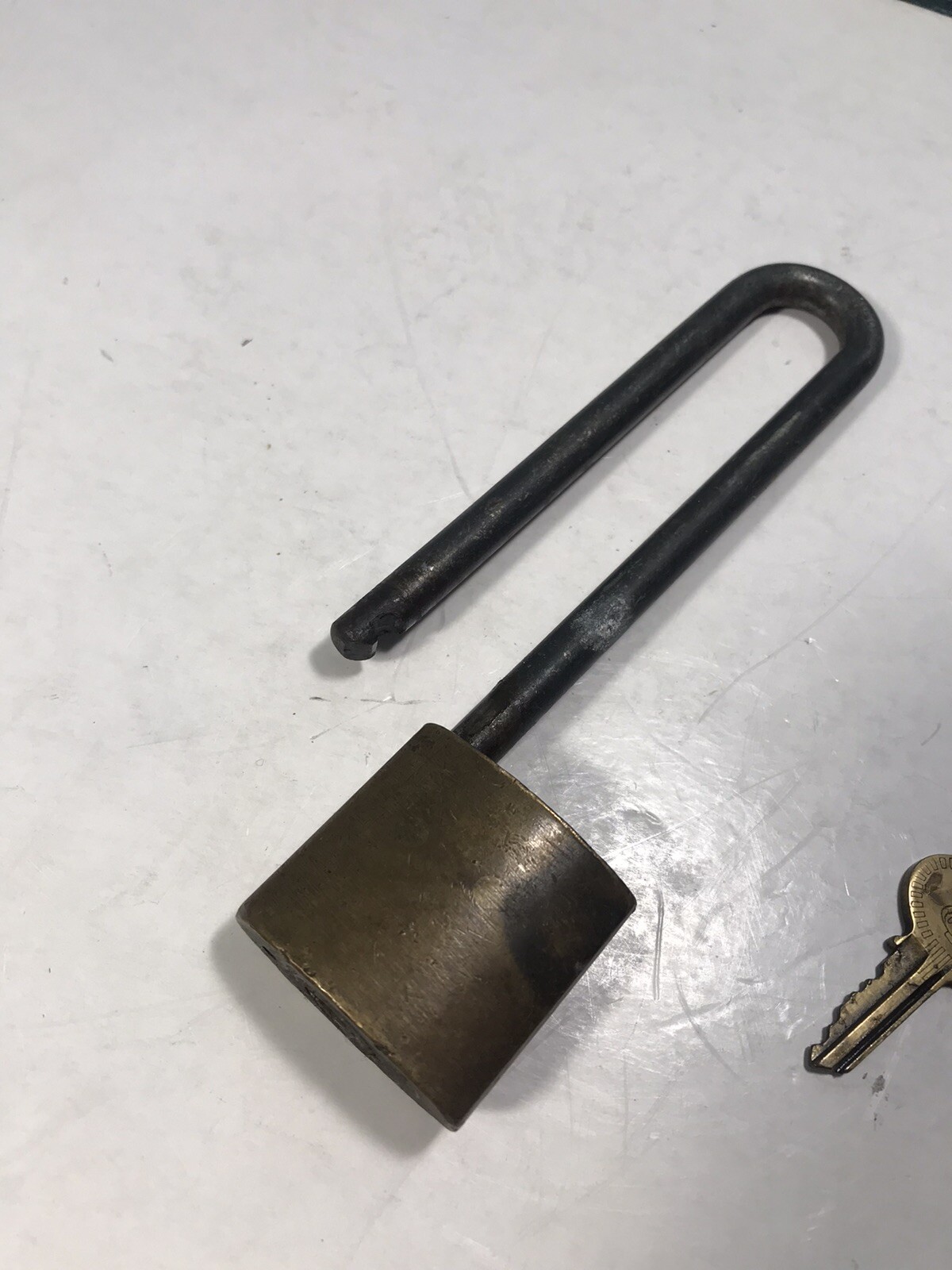 Antique 5.5” Solid Brass Corbin Company Long Shackle Lock Padlock Original Key