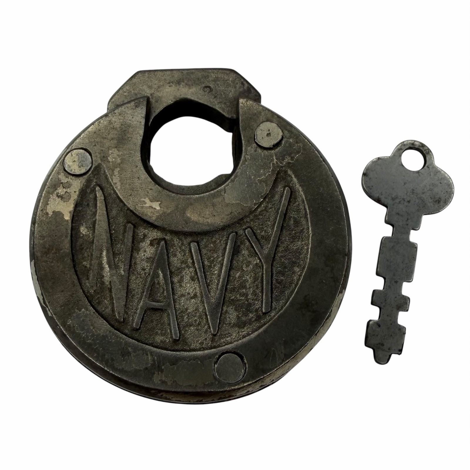 Vintage Antique NAVY Steel Pancake Padlock with Key Works LOCKS & UNLOCKS TESTED