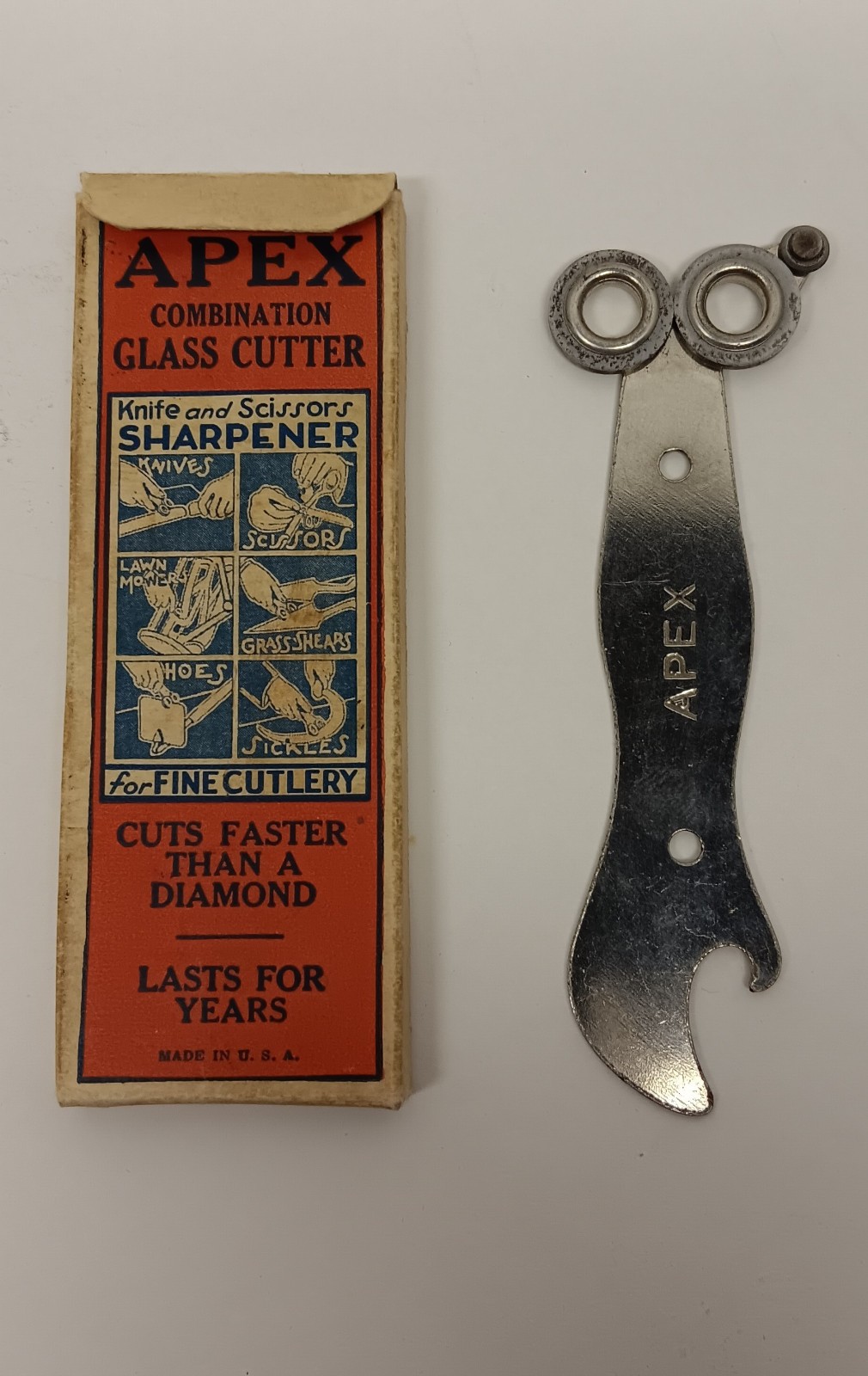 1940s APEX Glass Cutter, Knife and Scissors Sharpener, in Original Box