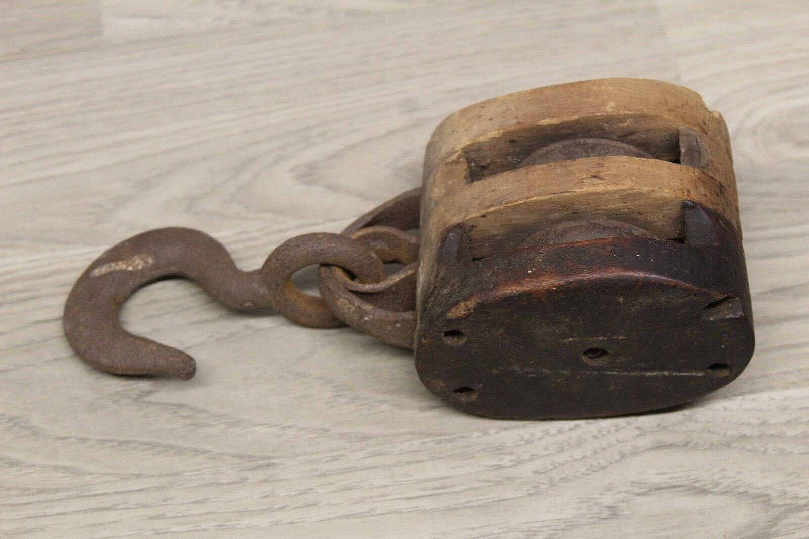 Antique/Vintage Wood Pulley Block 2 Sheave Brand Illegible Very Solid
