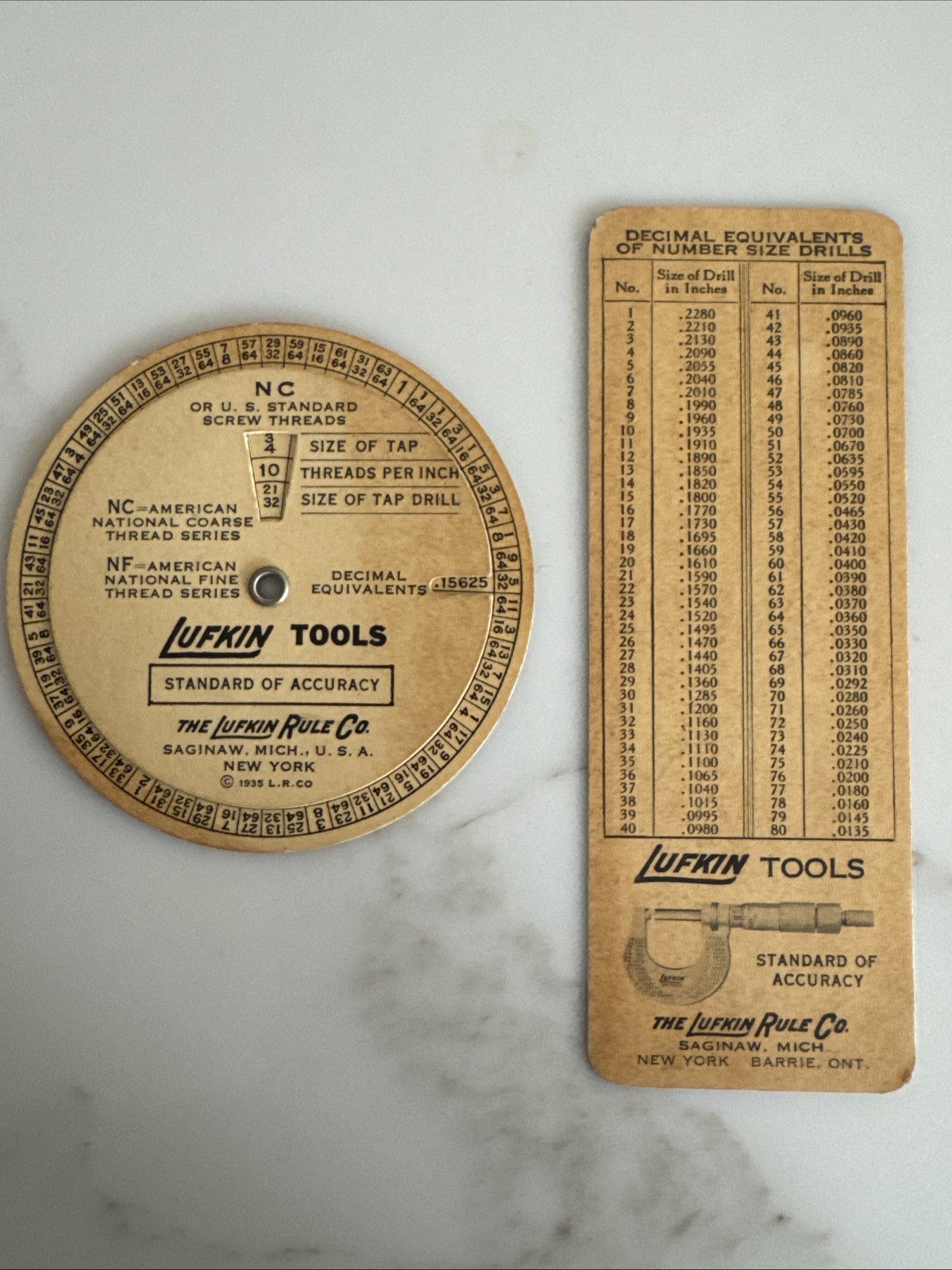 Vintage 1935 Lufkin Tools Wheel Chart Calculator Screw Threads Tap Drill Sizes