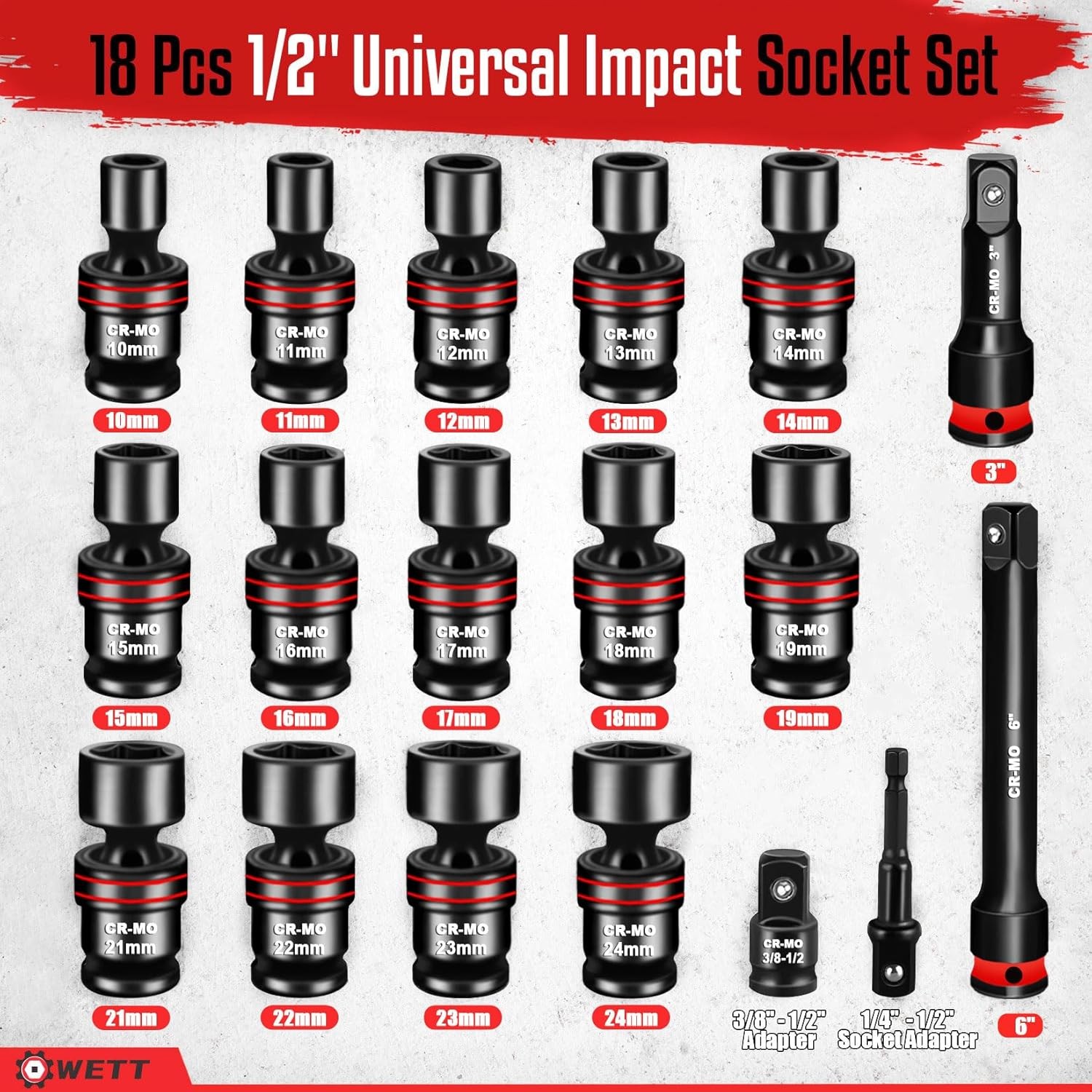 18 Piece 1/2″ Drive Shallow Impact Universal Joint Socket Metric Swivel Socke