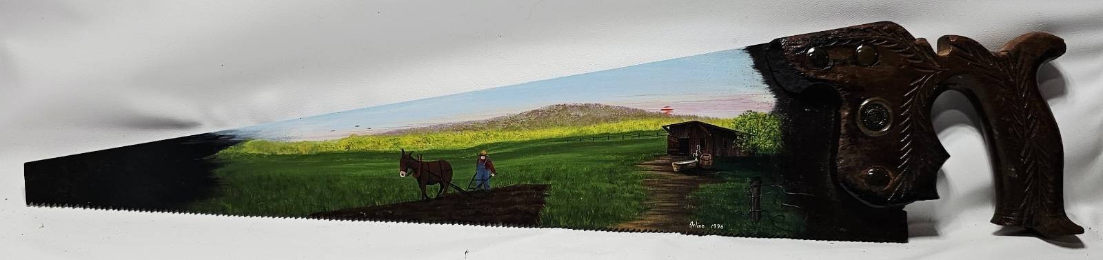 Vtg Hand Painted H Disston & Sons Saw Blade Country Landscape Scene 26″L Signed