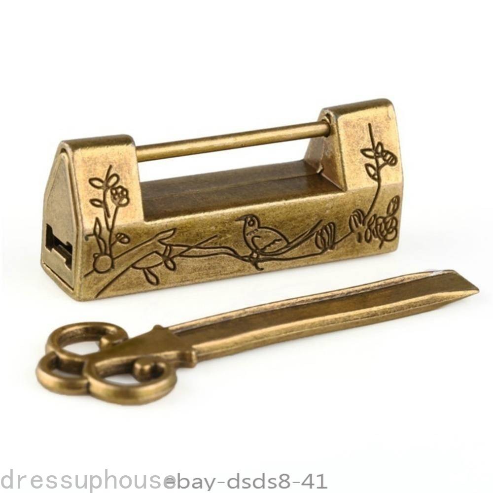 Chinese Locks Old Style Lock and Key Excellent Brass Carved Word