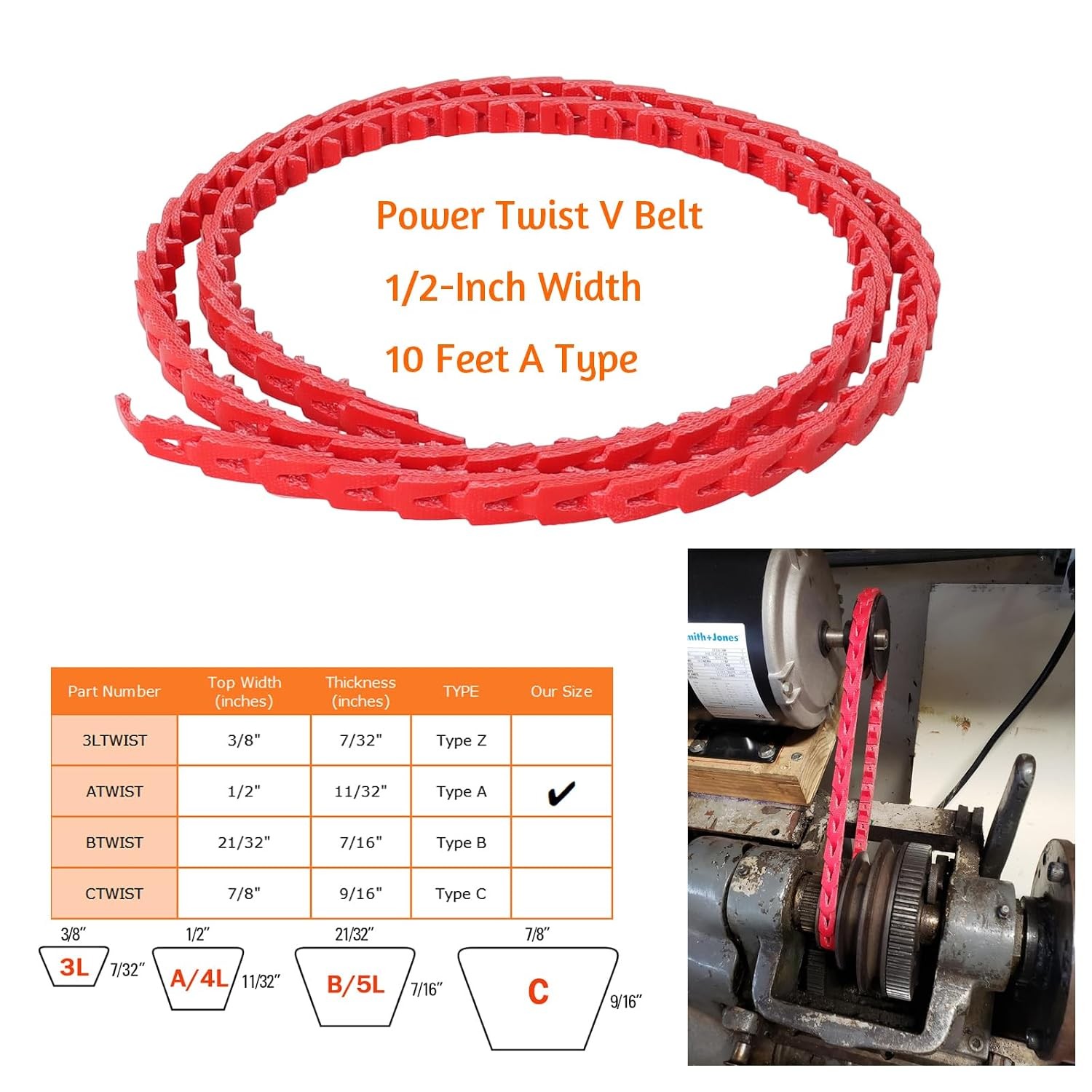 10FT Power Twist V Belt 1/2 Inch A Type Adjustable Link