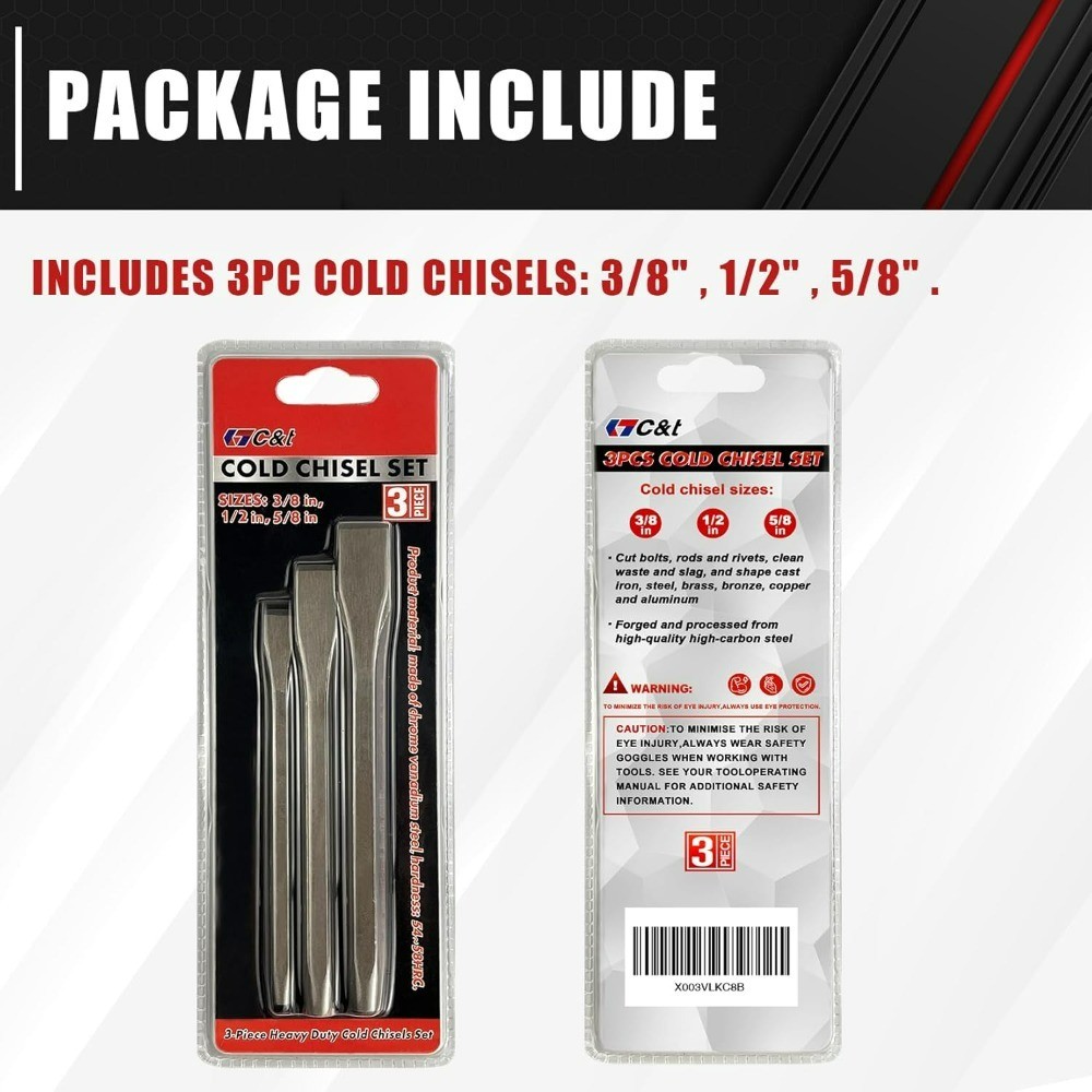 Heavy Duty Cold Chisel Set 3-Piece All Purpose for Metal Wood Masonry 3/8 1/2