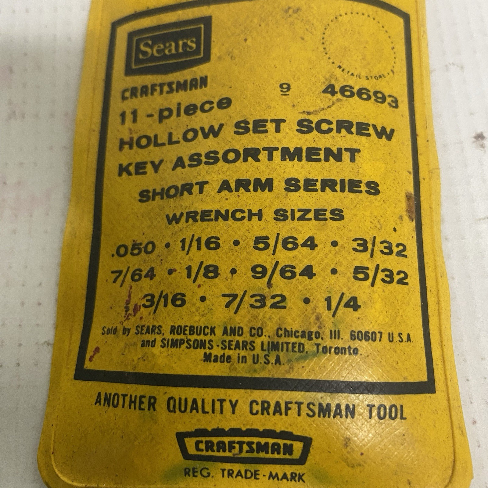 Sears Craftman 11 Piece 9-46693 SAE Hollow Set Screw Key Assortment