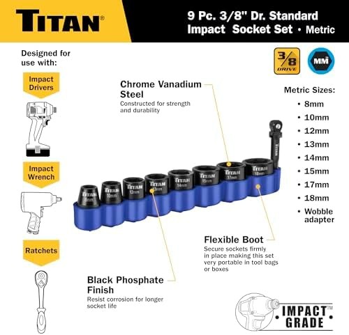 Titan 48201 9-Piece 3/8-Inch Drive Metric Shallow Impact Socket Set, 6-Point,…