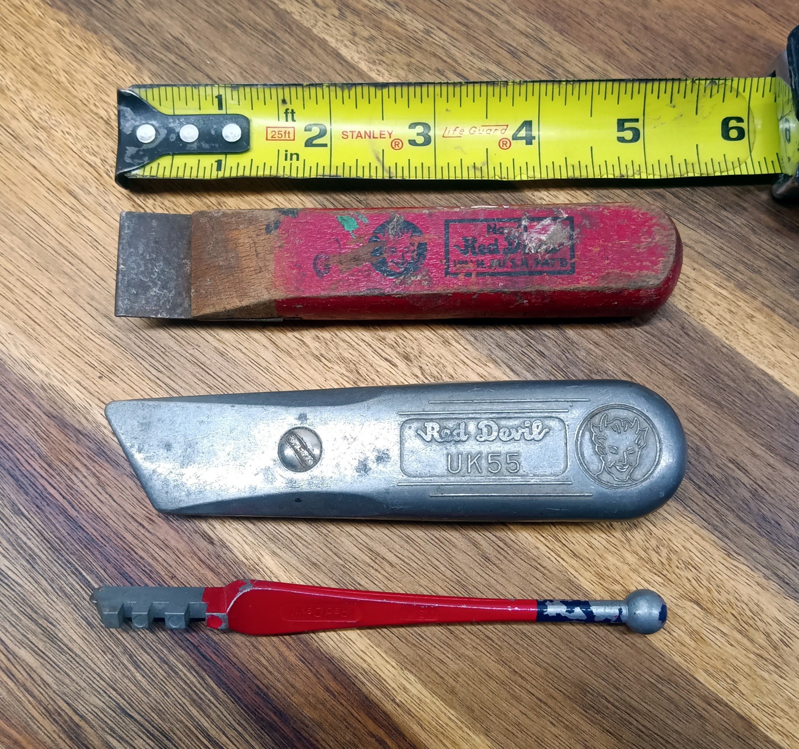 3x *Vintage* RED DEVIL Tools SCRAPER #0, UTILITY KNIFE UK55, GLASS CUTTER 1603