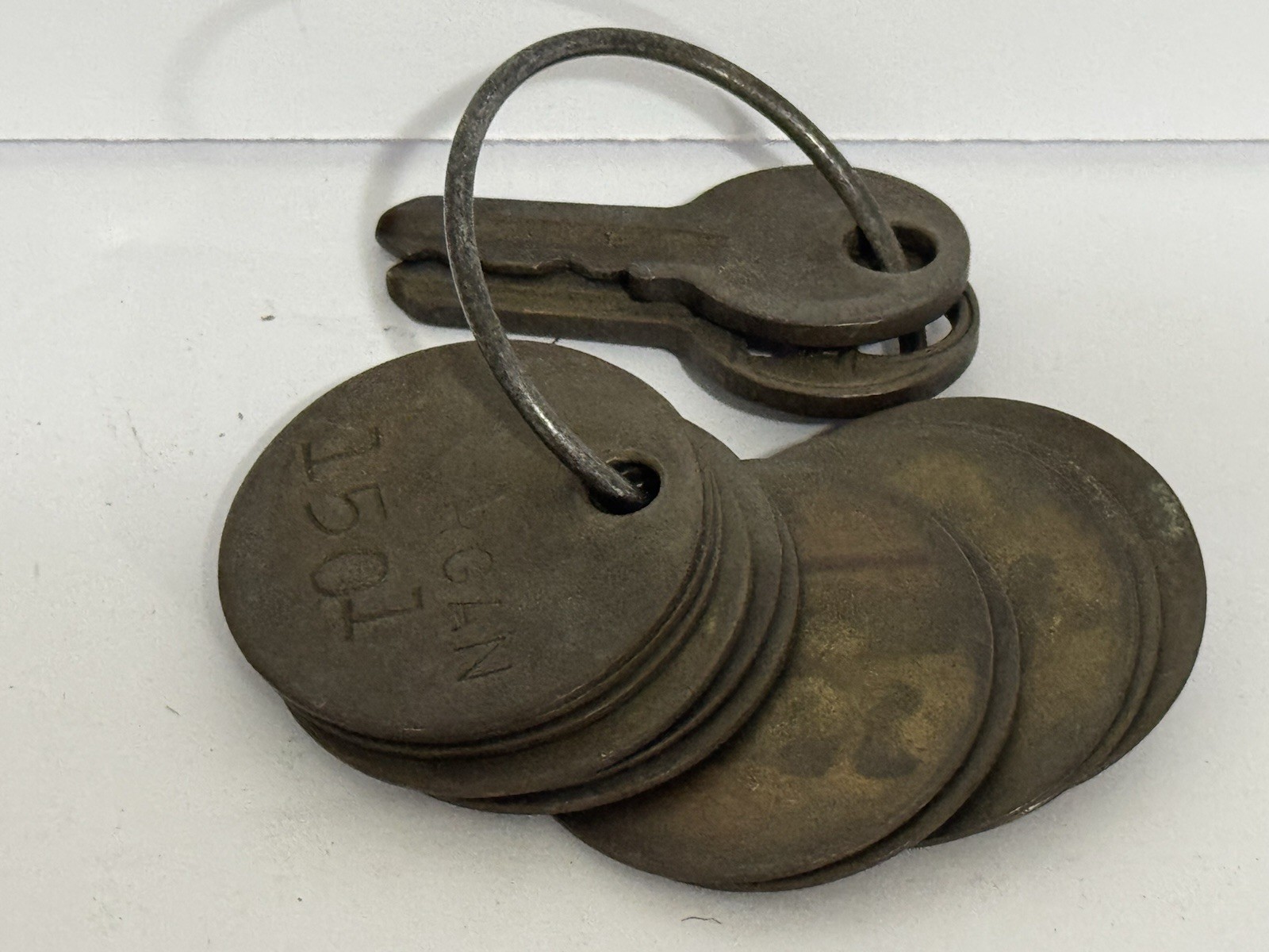 11 Vintage Morgan Engineering Company Brass Tool Tags With Keys On Ring #1501