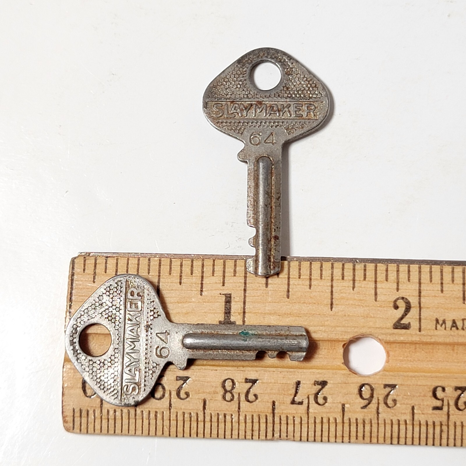 2 Vintage Slaymaker No 64 Small Flat Keys Approx 1 3/8″ Long Cat# J5-69