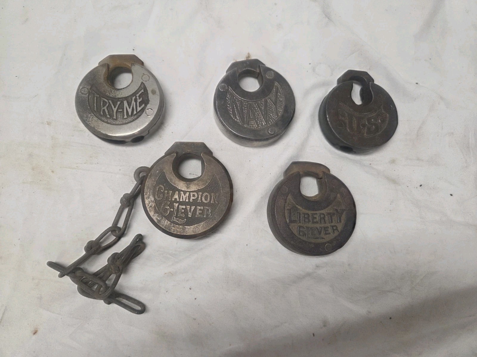 5 Pc Lot Antique Brass Pancake Padlock Lock Liberty Navy Try Me Champion No Keys