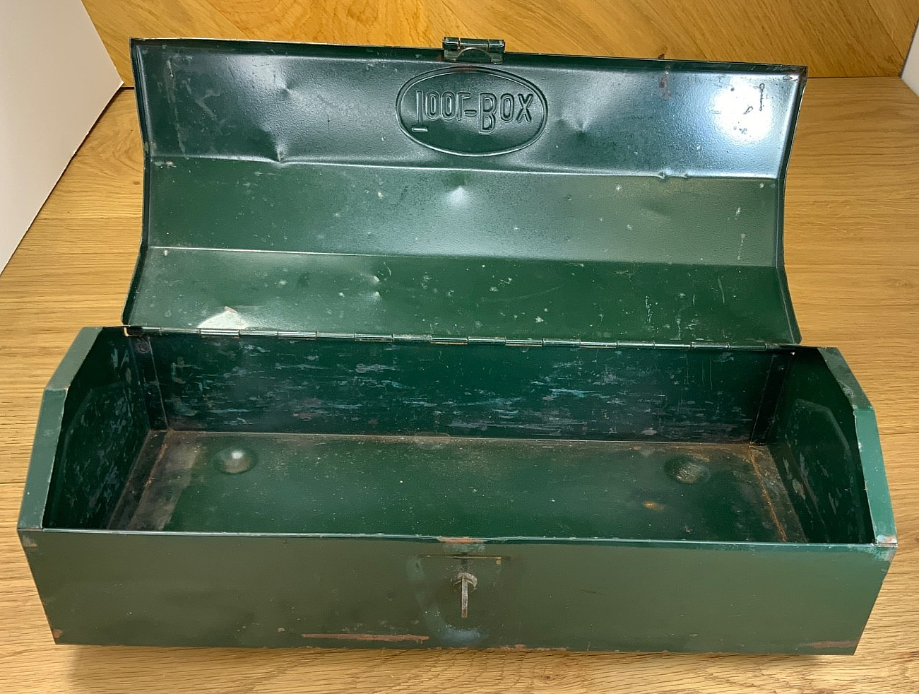 Embossed Pressed Steel Hip-Roof Tool Box Hunter Green 14 Inches MCM Vintage