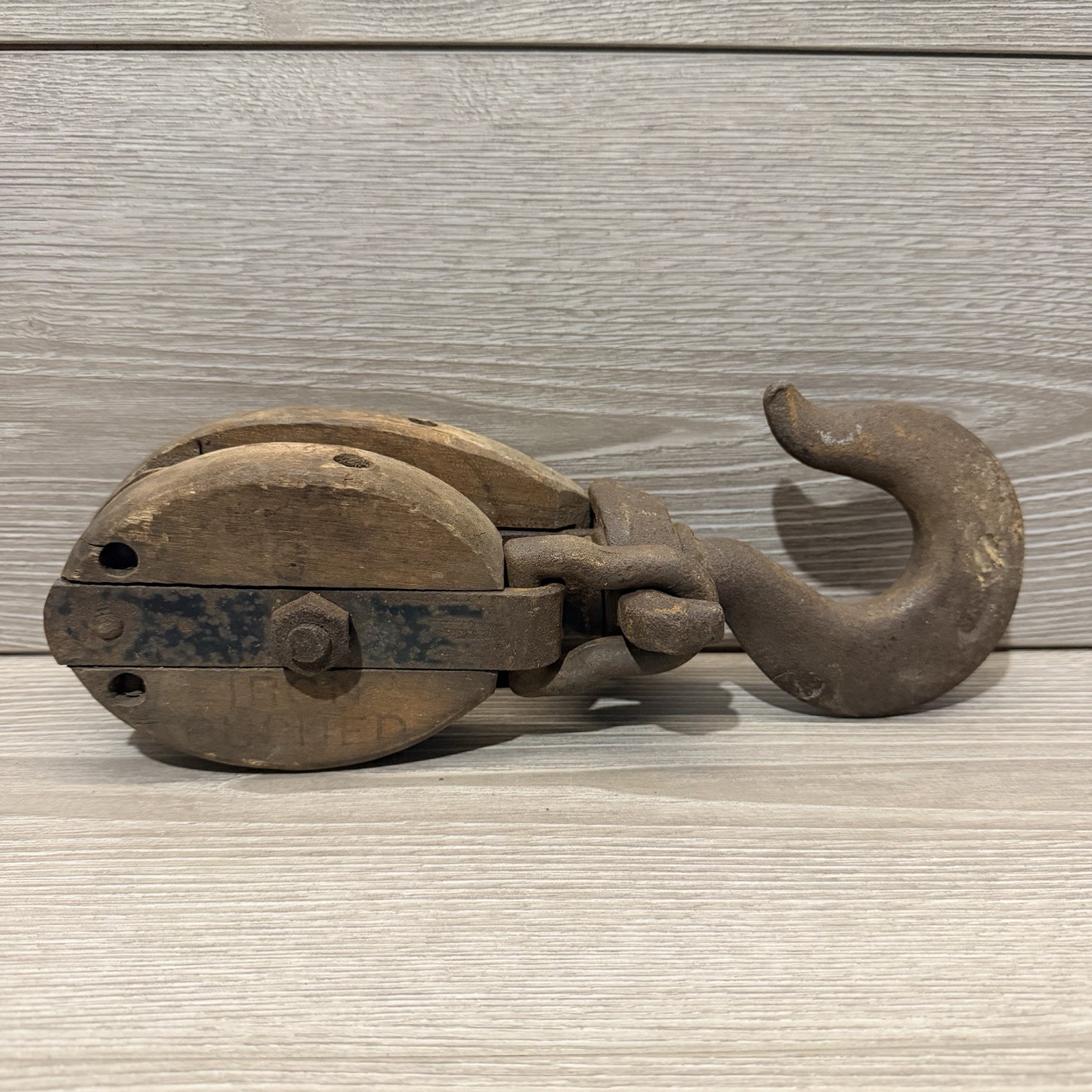 Vintage Antique Wooden Block & Tackle Pulley 12” Total – Open Latch Design