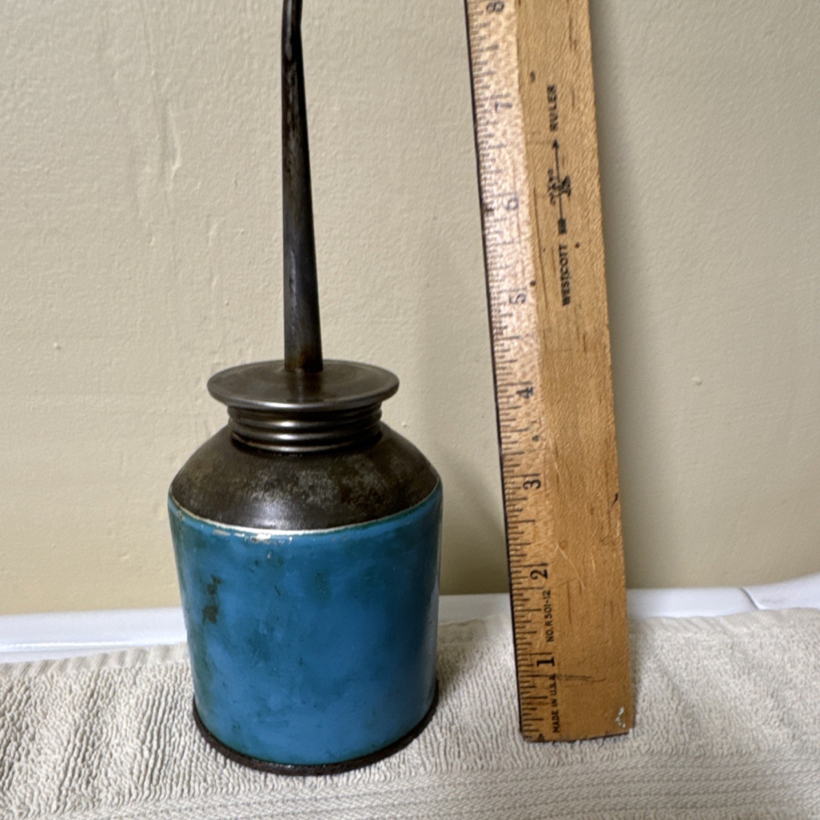 Vintage Blue Metal Oil Can with Long Spout Collectible Tool