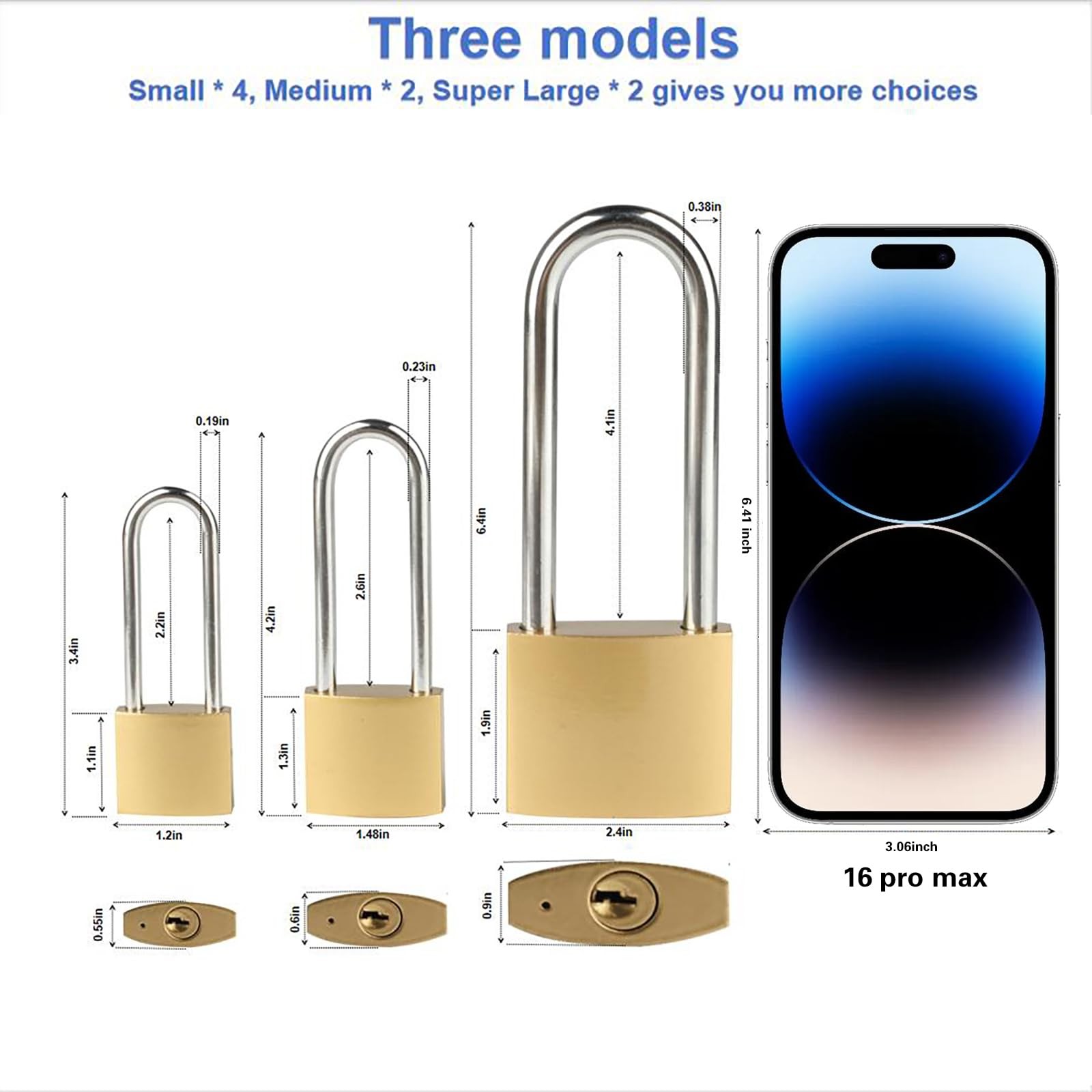 Long Keyed Padlock Waterproof Solid Brass Lock with Keys 3.4 inch 4 PCS Set