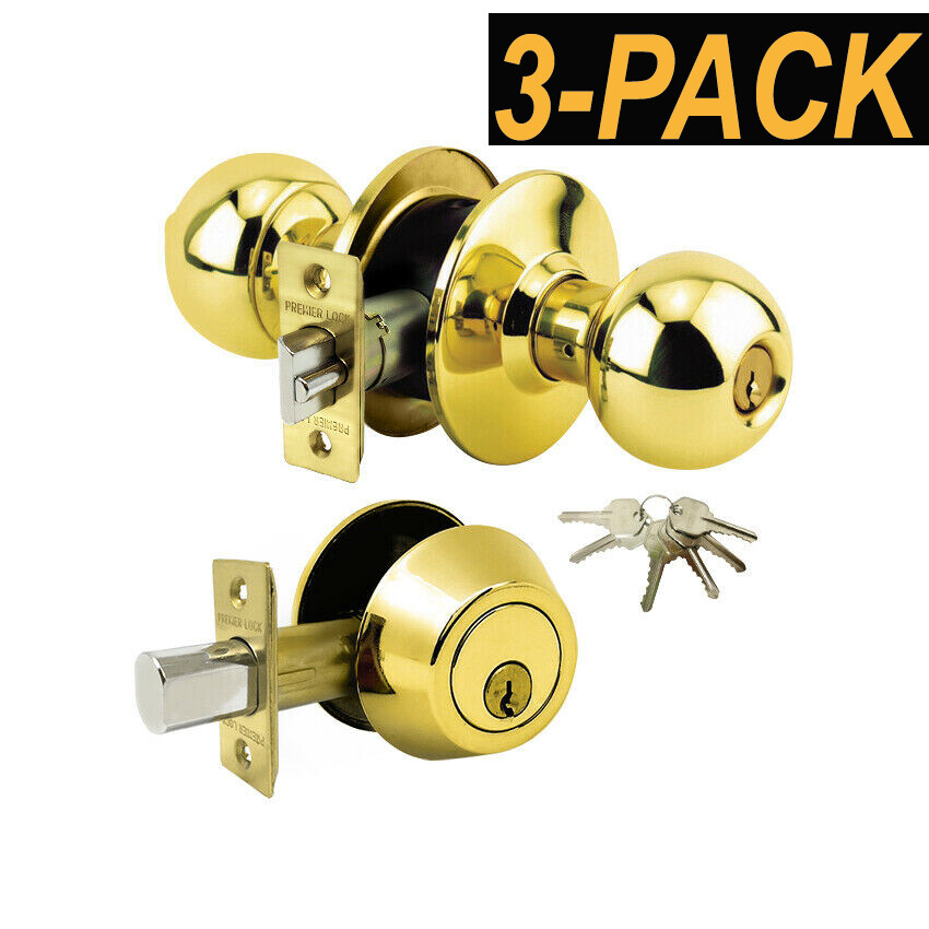3PK Grade 3-Combo Lock Set Entry knob+Deadbolt Keyed Alike Brass+18 Keys GR3ED02