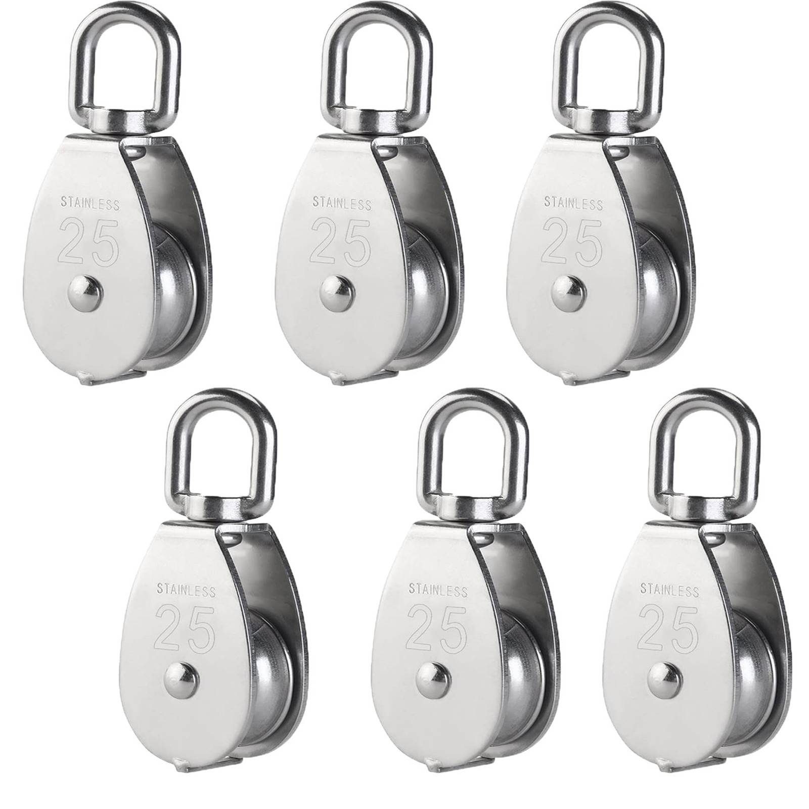 YAMASO,6Pcs 304 Stainless Steel M25 Silver Single Pulley Block Wire Rope Hang…