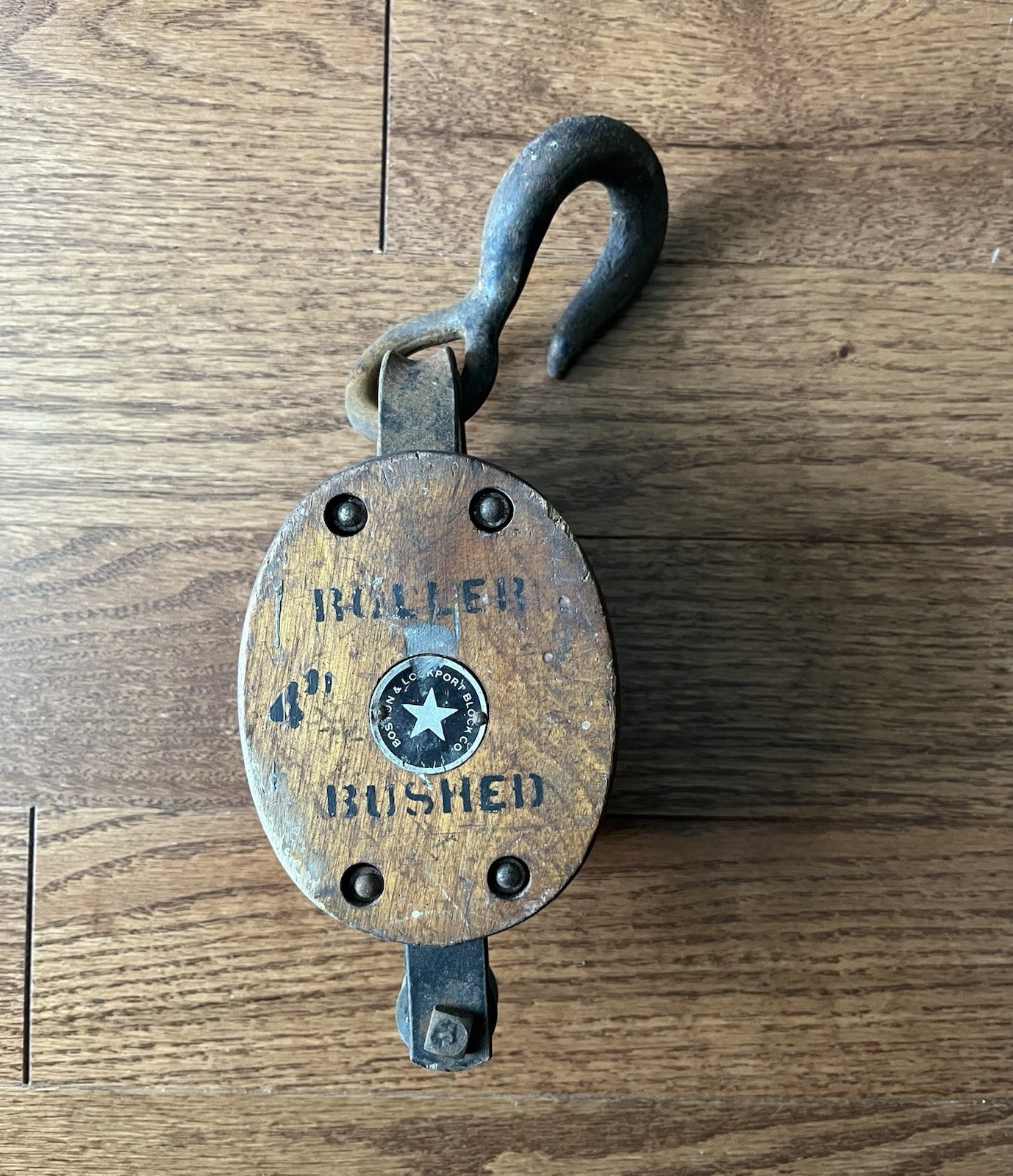 Vintage Boston & Lockport Wood Iron Double Pulley Block and Tackle
