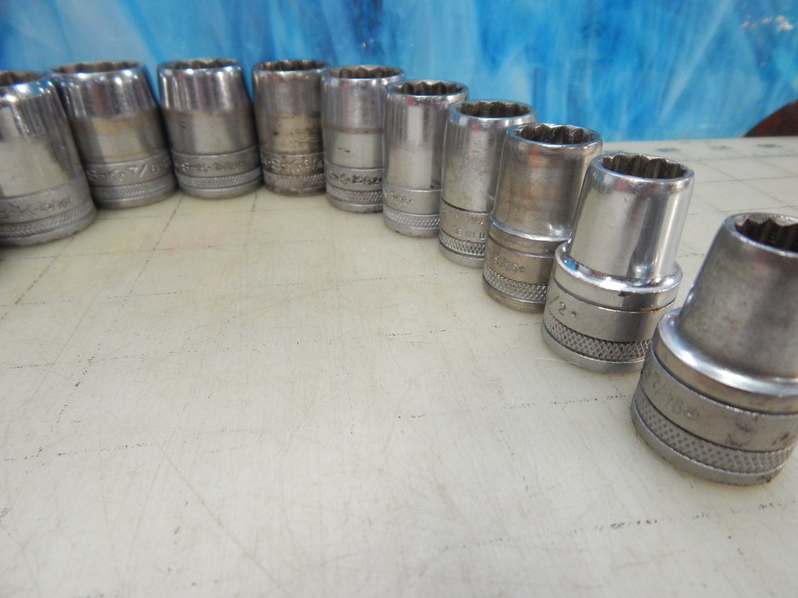 Vintage S-K TOOL 13-pc 1/2″ Dr. SAE Socket Set, 7/16″ to 1-1/8″ Tapered 40136