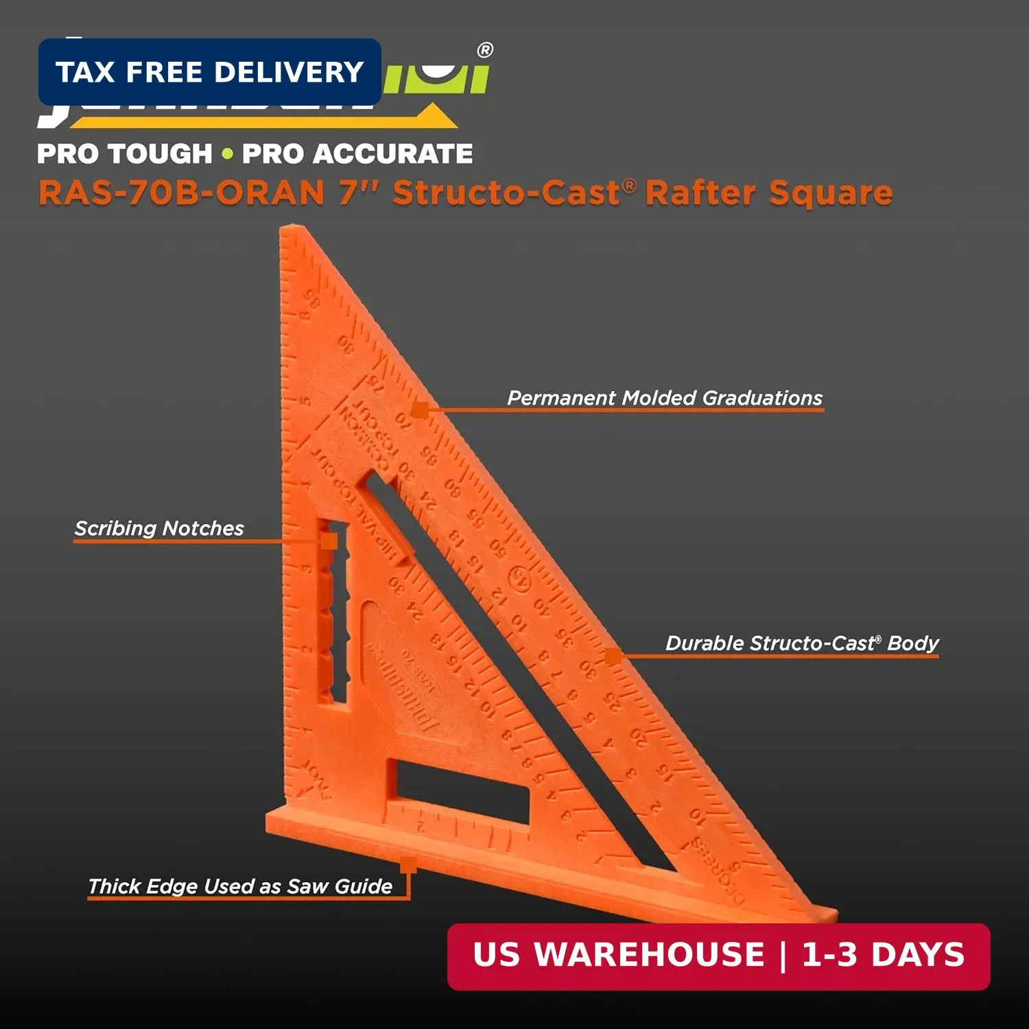 Johnson Level & Tool RAS-70B-ORAN Structo-Cast Rafter Square, 7″, Orange, 1 Squa