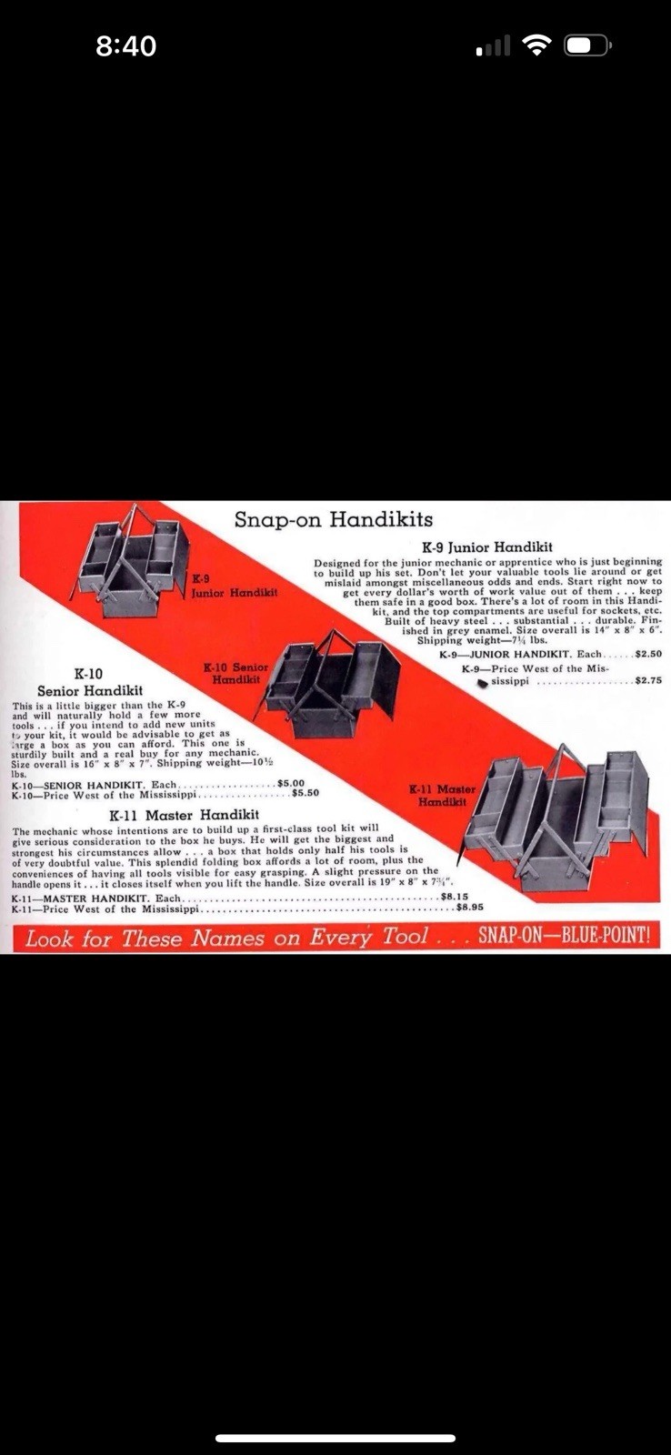 Snap-on, Master Handikit, Two-tier Cantilever Toolbox, #K-11, 1932-1948, Rare