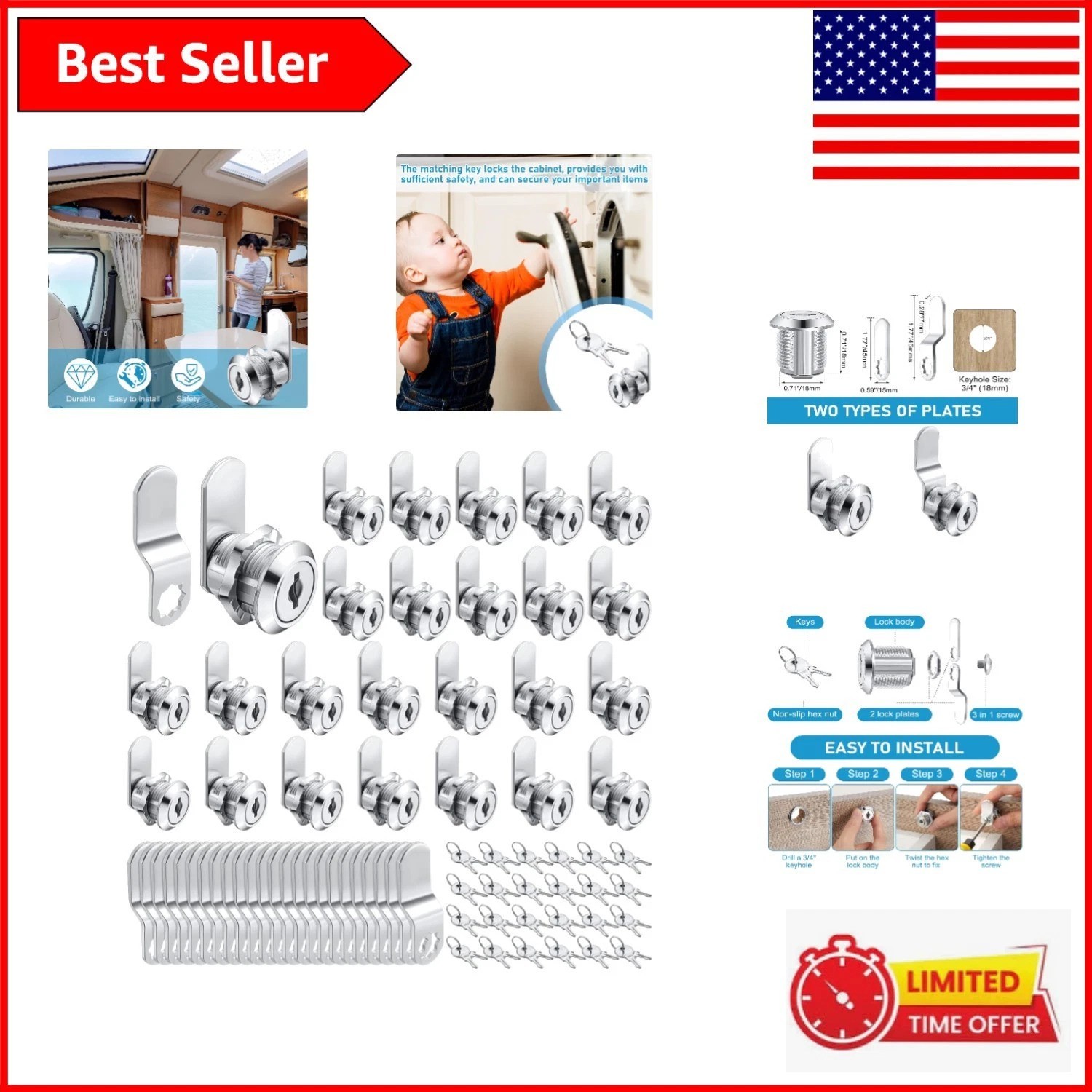 Zinc Alloy Cabinet Locks 24 Sets 5/8” with Easy Installation & Modern Design