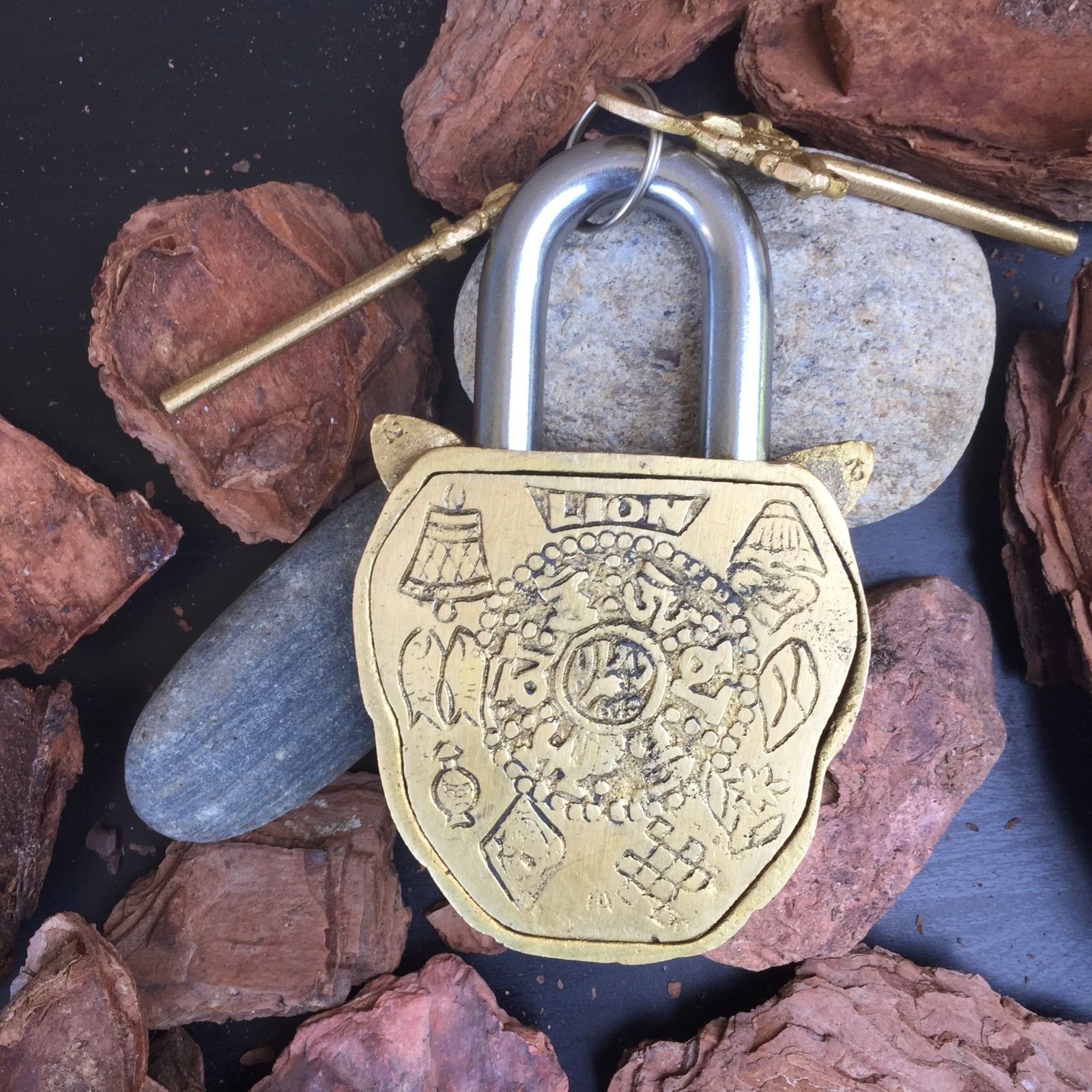 Huge Antique Lion Padlock Vintage Brass Rustic lock And Key Heavy Bronze Metal