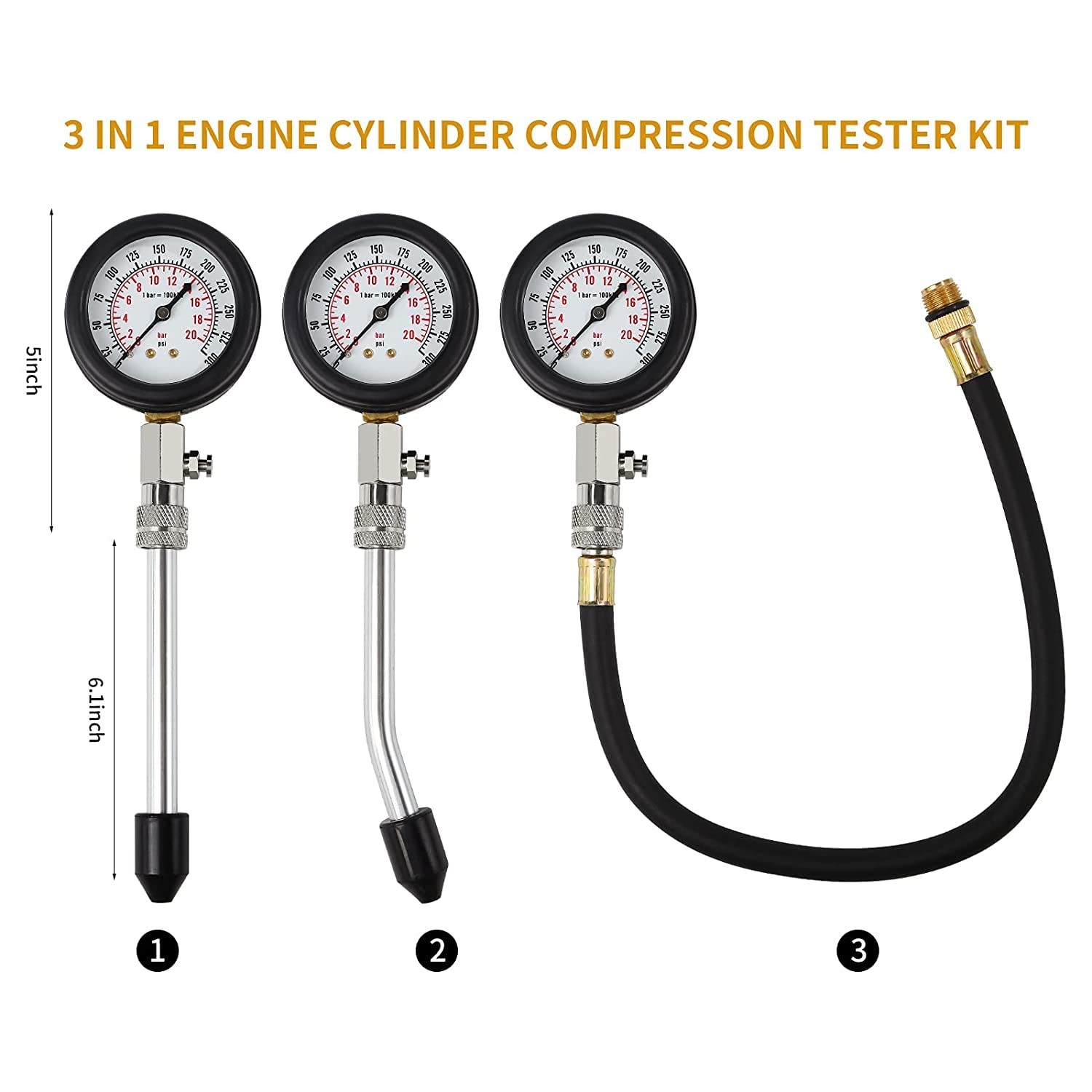 Professional 8PCS Petrol Gas Engine Compression Tester Kit for Testing