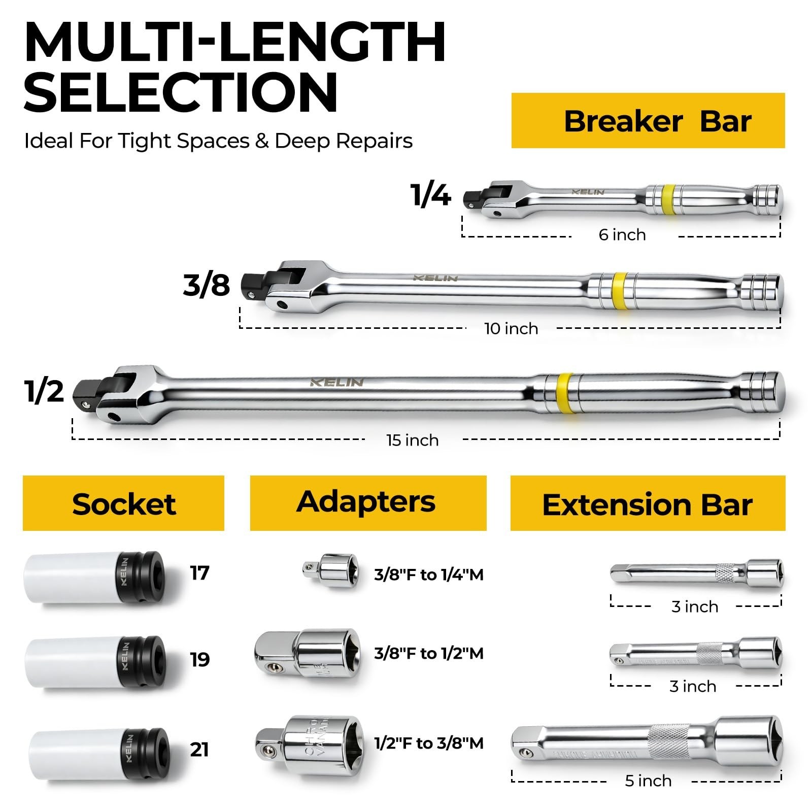 12PCS Heavy Duty Breaker Bar Set – 3/8″, 1/2″, 1/4″ Drive, 180° Rotatable Head,