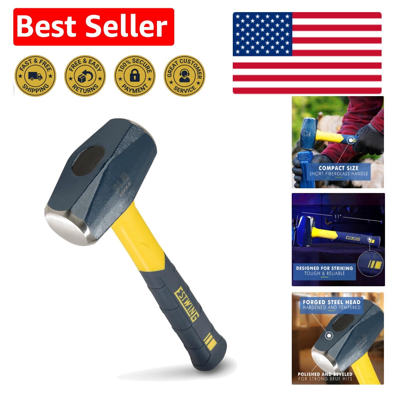 3-Pound Mini Sledgehammer with Fiberglass Handle & Cushion Grip for Precision