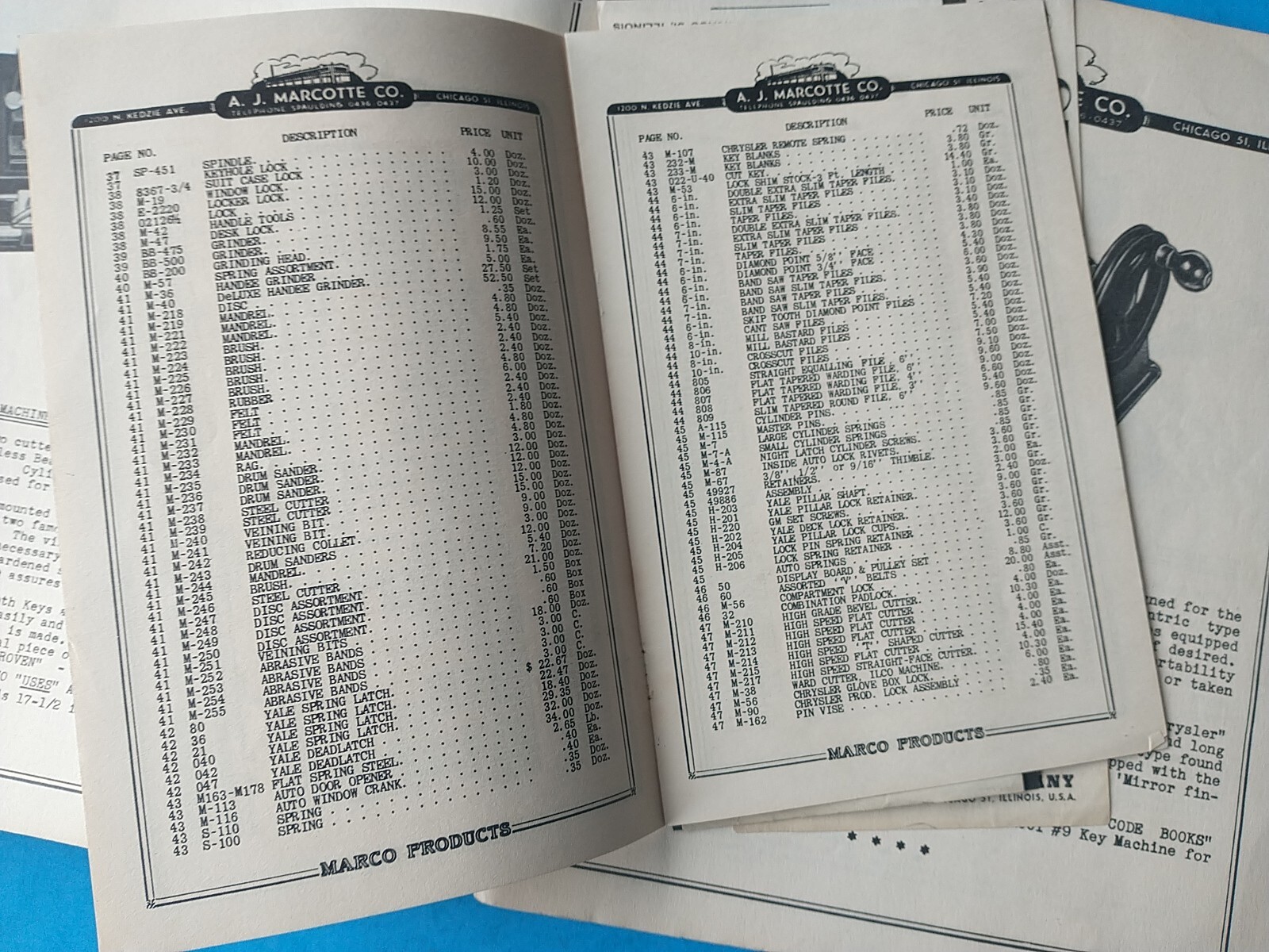 AJ Marcotte Lock Catalog 1951 Locksmith Supplies Tools Keys 71 PG Price List