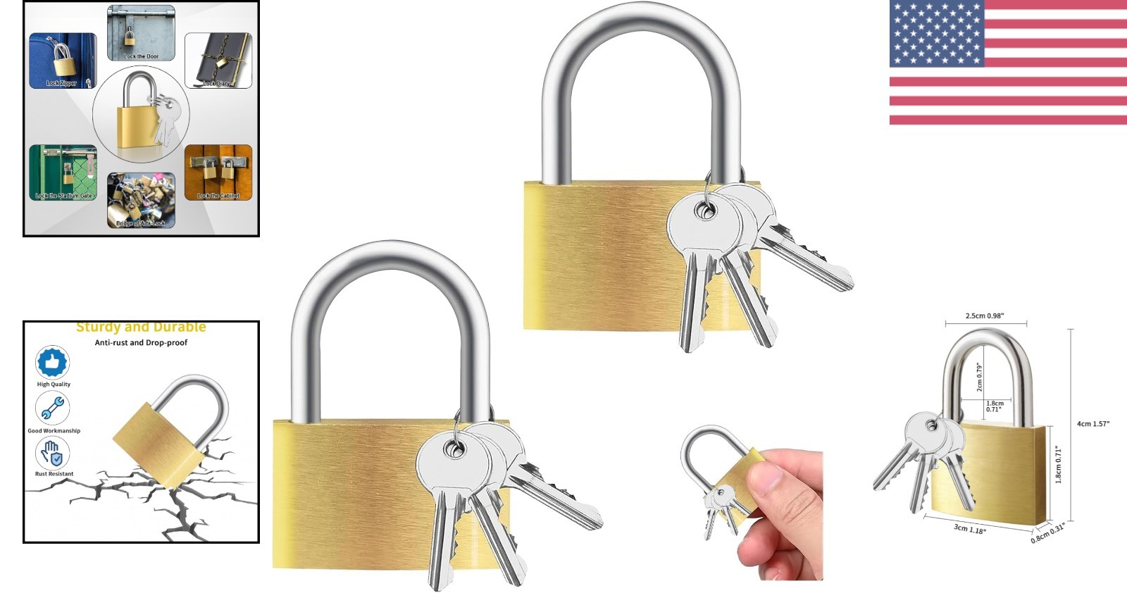 Durable Small Brass Padlocks Set with 6 Keys – Ideal for Indoor/Outdoor Storage