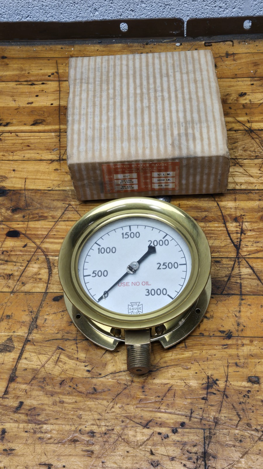Vintage Industrial U.S. Gauge Co. 4-1/2″ Brass 3000PSI Steam Pressure Gauge NOS