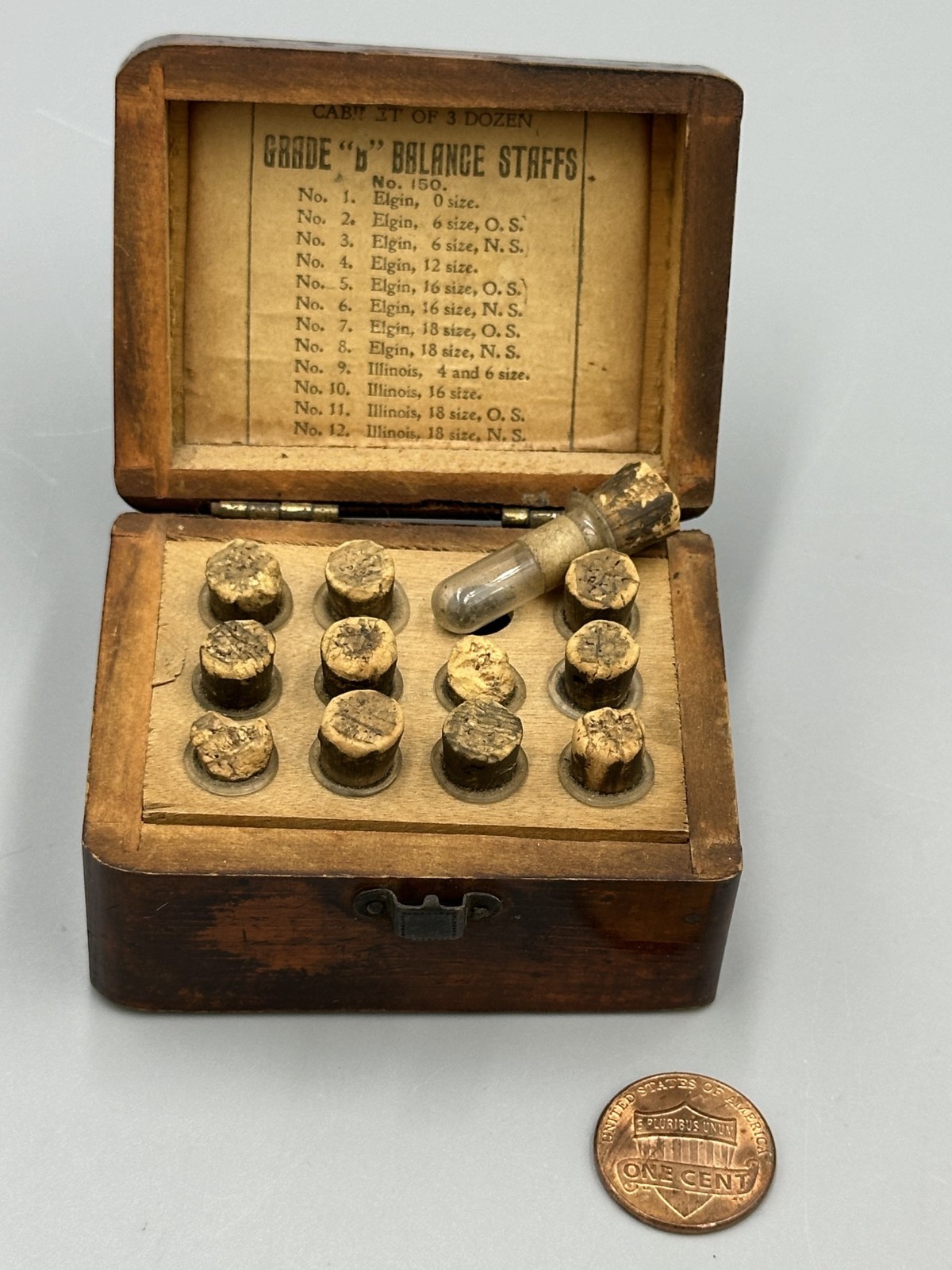 Antique WATCH REPAIR PARTS Original WOOD BOX Watchmaker ELGIN Balance Staffs