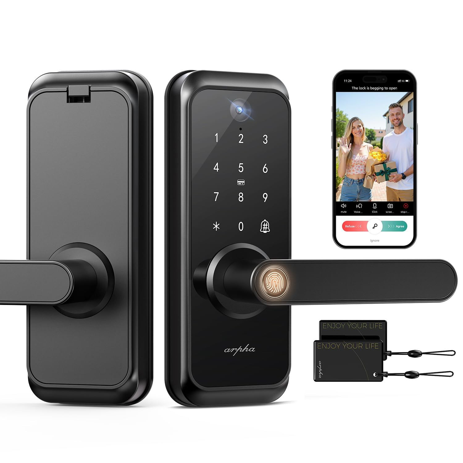 WiFi Video Smart Lock with Camera & Handle – 6-in-1 Keyless Entry Black