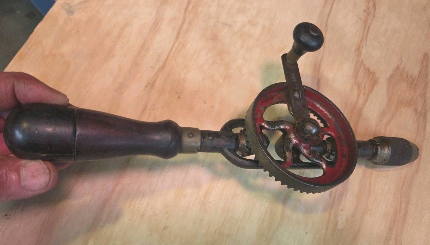 VTG Millers Falls USA No. 5 Egg Beater Hand Manual Drill W/ Dark Wood Handles
