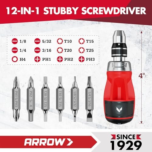 ARROW Ratcheting Screwdriver, 12-IN-1 Multi Bit Ratchet Screwdriver set, Stubby