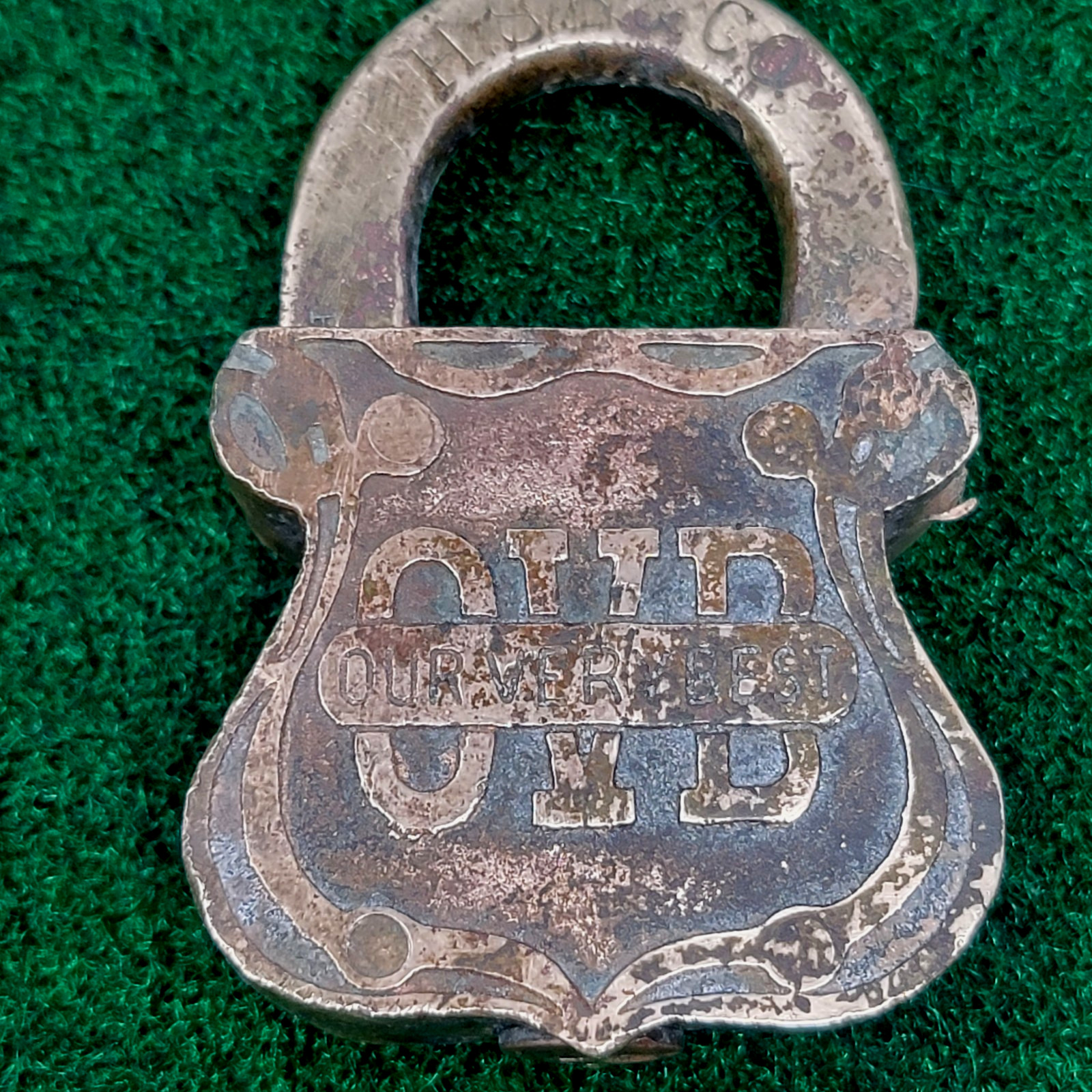Antique Vtg 1909 Brass Padlock Lock OVB Our Very Best HSB Co Chicago Broken