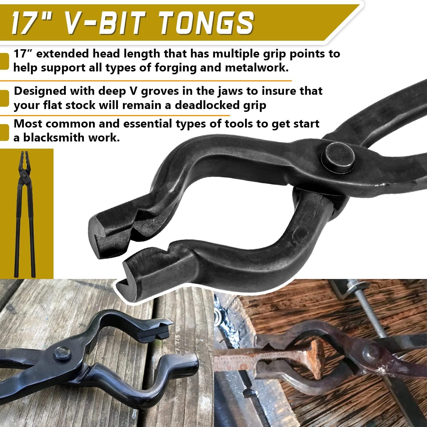 17” V-Bit Bolt Tongs and 1.5KG (3.3LB) Blacksmith Hammer Kit Knifemaking Tools