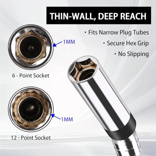 6-Piece Spark Plug Socket Set, 3/8-Inch Drive Magnetic Swivel, Thin-wall Sockets