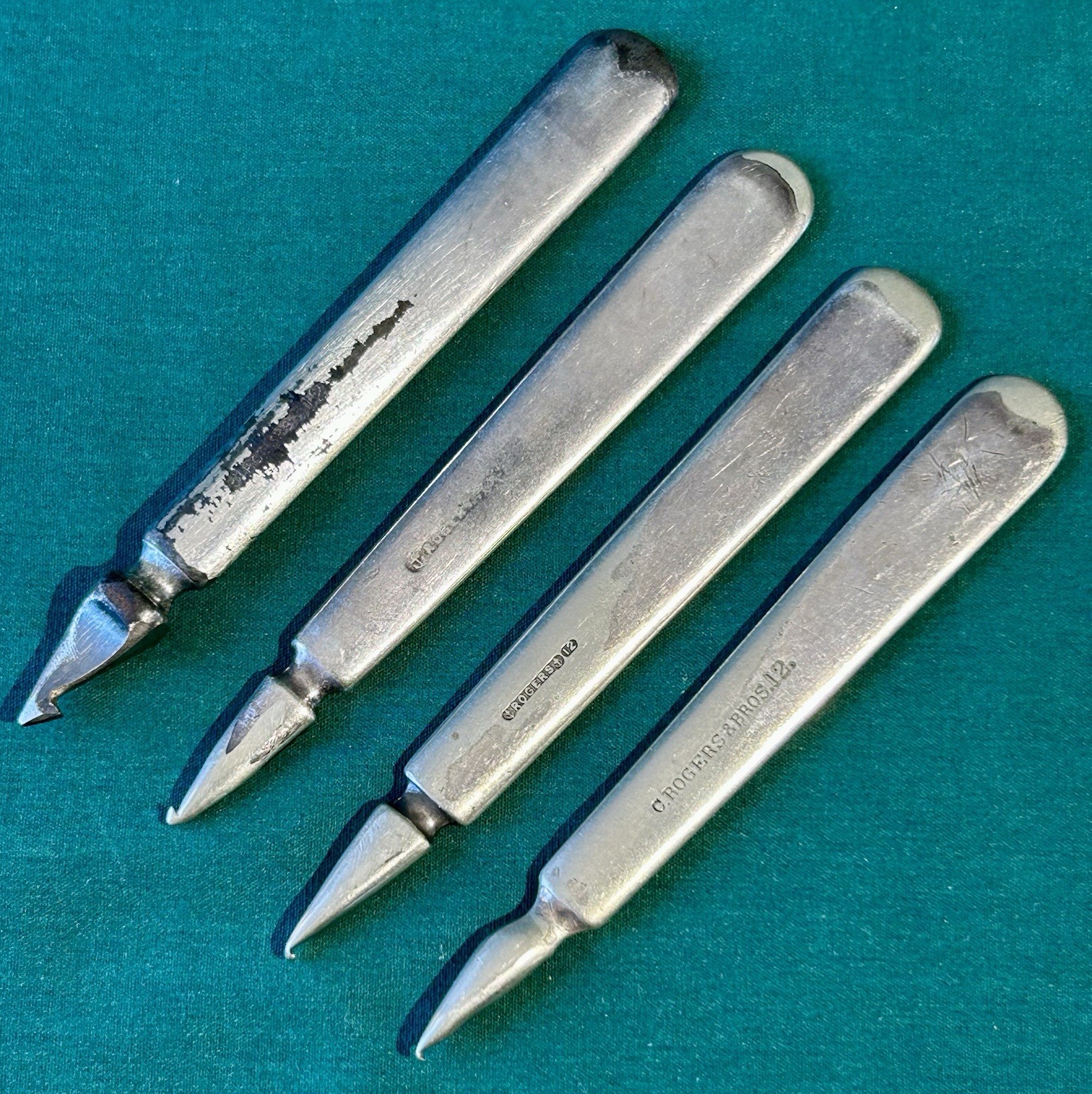 4 Handmade Crochet Hooks, Tools Woodworking, Leather? Rogers Silverplate RARE!