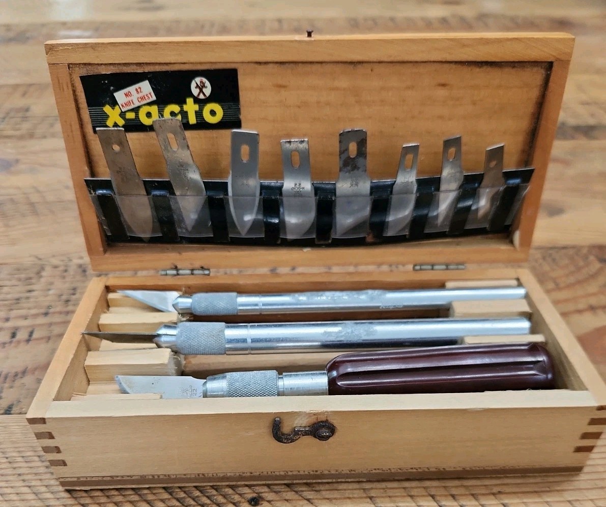 Vintage Set Of X-Acto Knives & Tools In Wooden Box 3 Handles 11 Blades USA